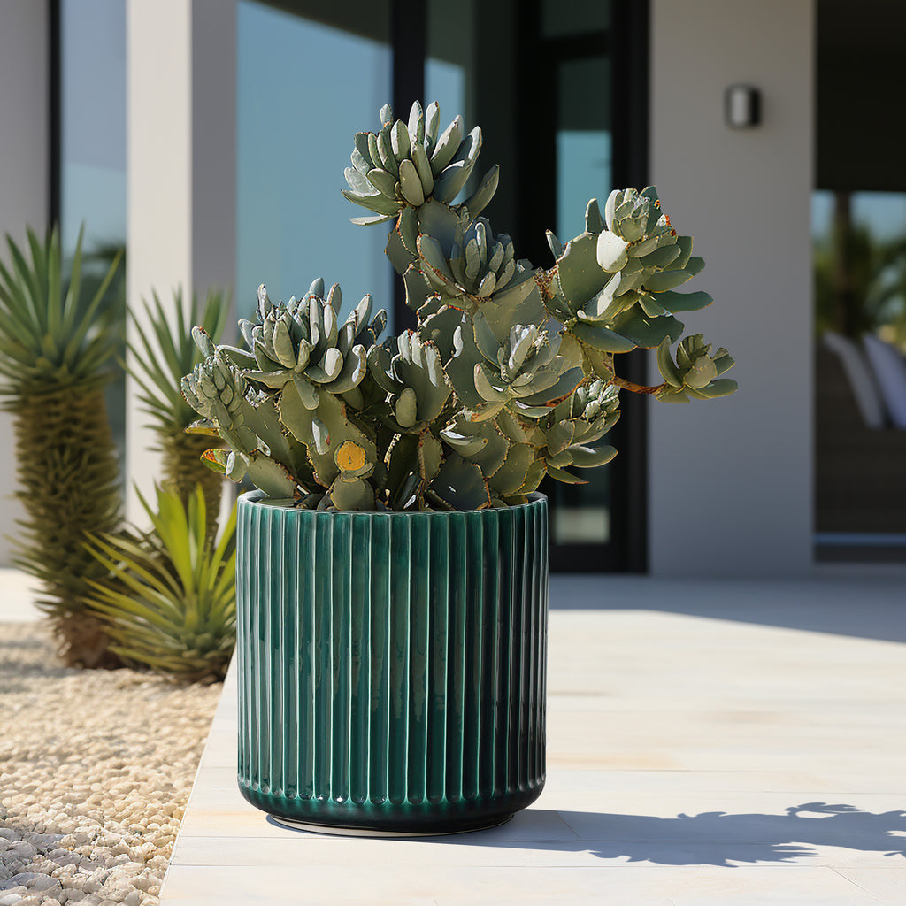 Jade Green Ribbed Tabletop Decorative Ceramic Planter, 11.4"