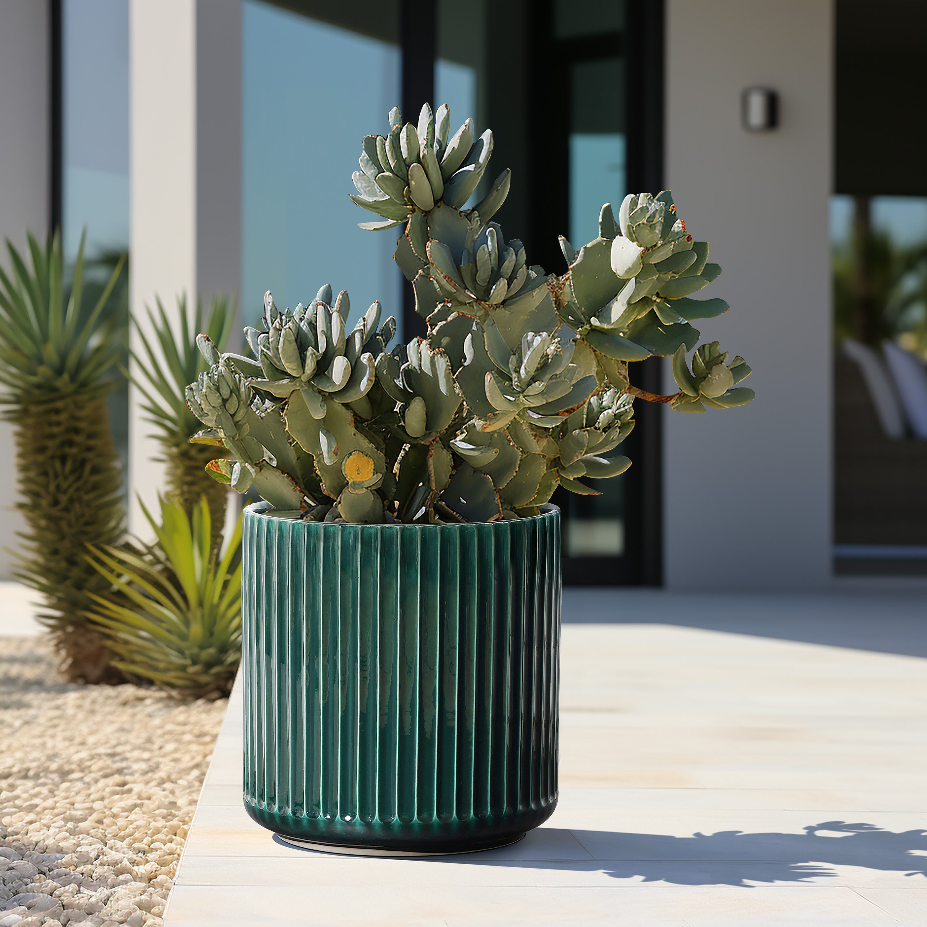 Jade Green Ribbed Tabletop Decorative Ceramic Planter, 11.4"