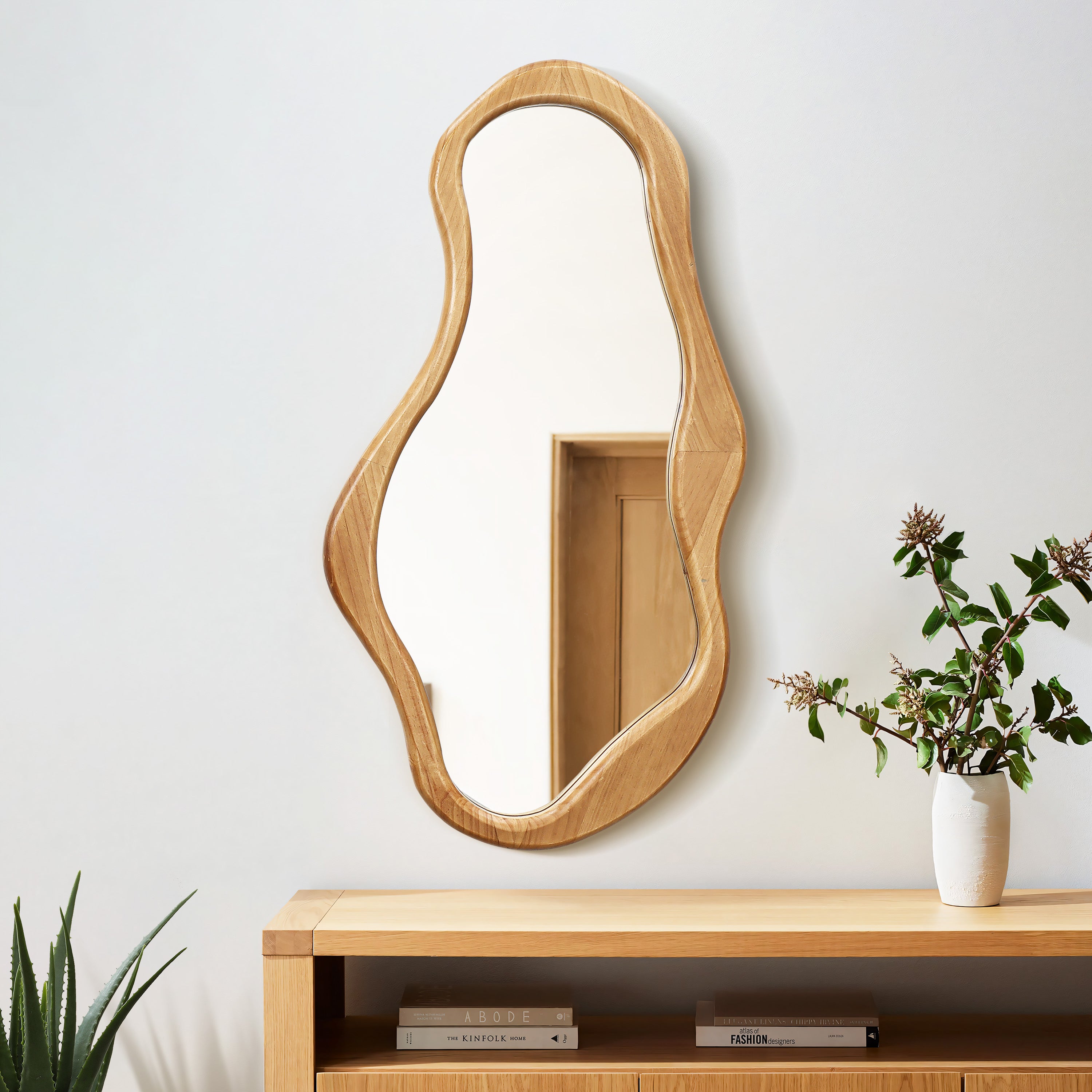 Natural Pine Wood Frame Irregular Oval Wall Mirror