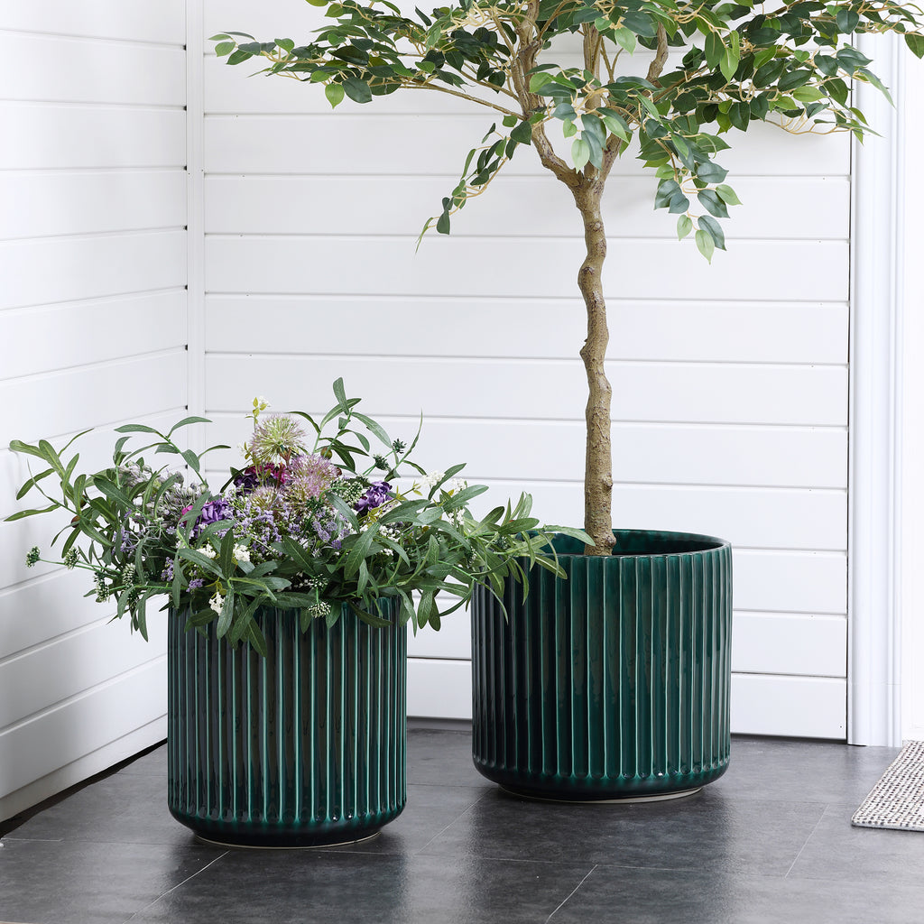 Jade Green Ribbed Tabletop Decorative Ceramic Planter, 11.4"