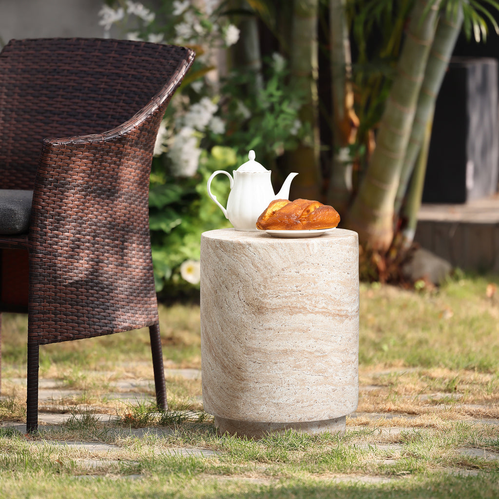Travertine Style Round MgO Patio Side Table, 18.3"