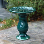 Tulip Ceramic Garden Bird Bath, Moss Green, 22"