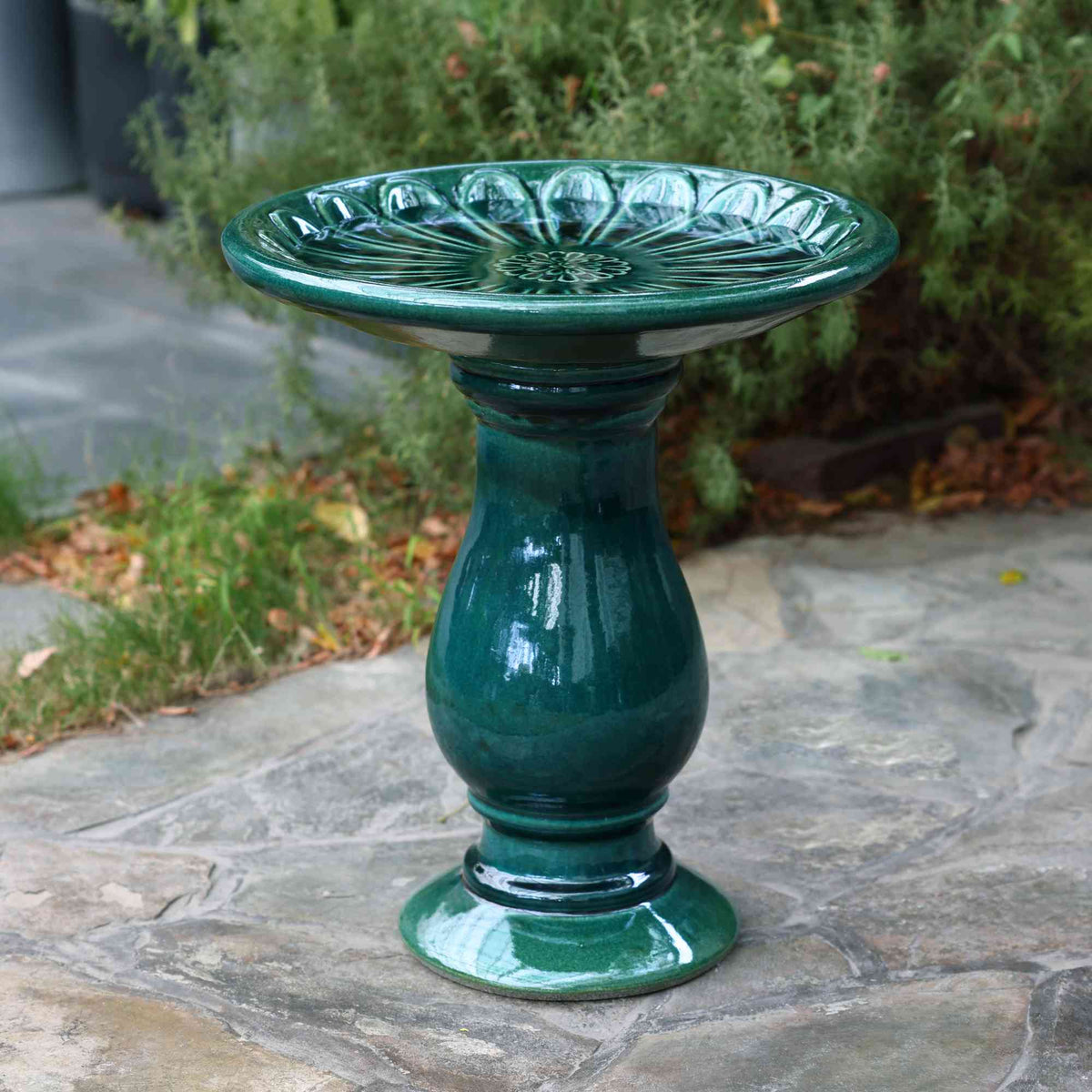 Tulip Ceramic Garden Bird Bath, Moss Green, 22"