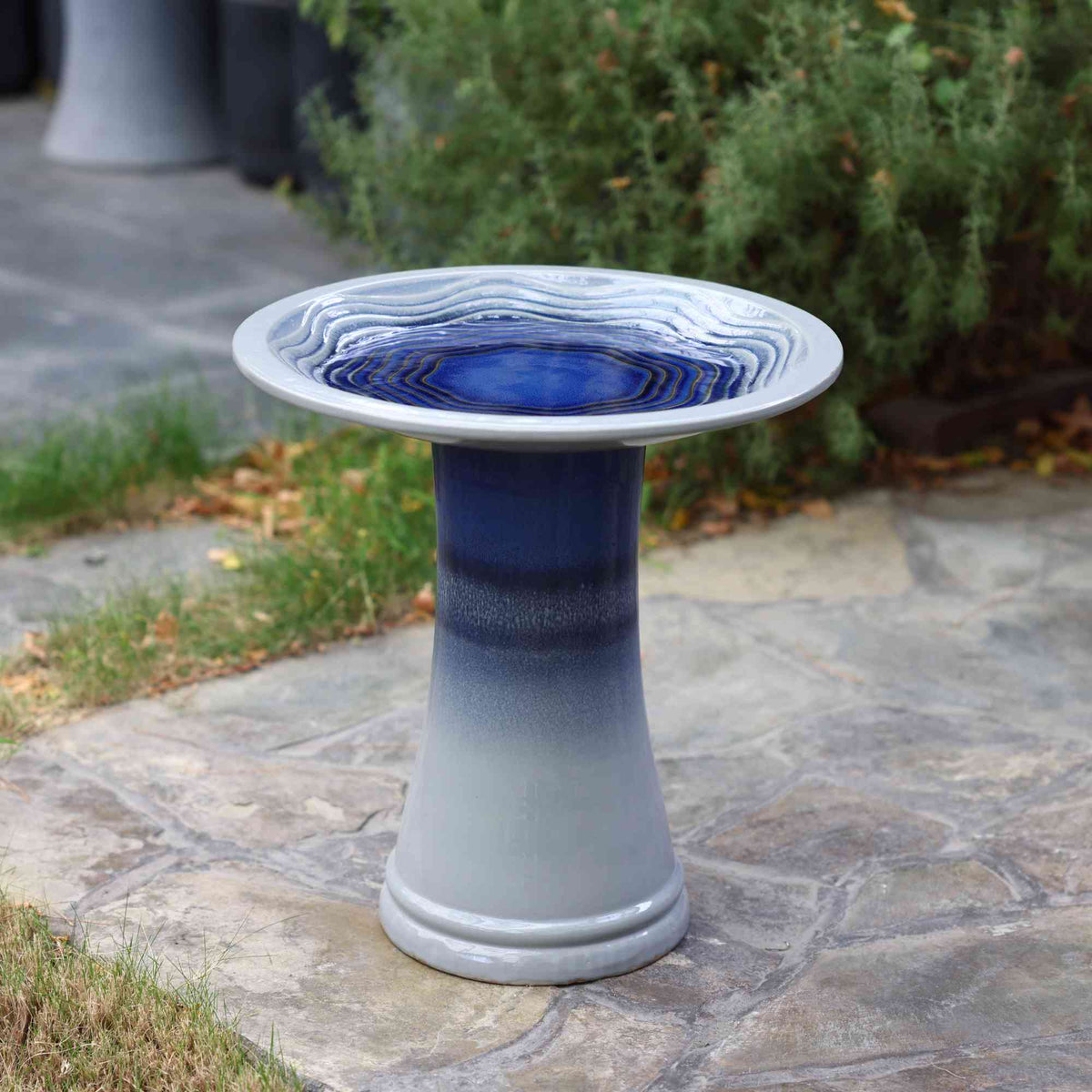 Crest Ceramic Garden Bird Bath, Blue Ombre, 18"