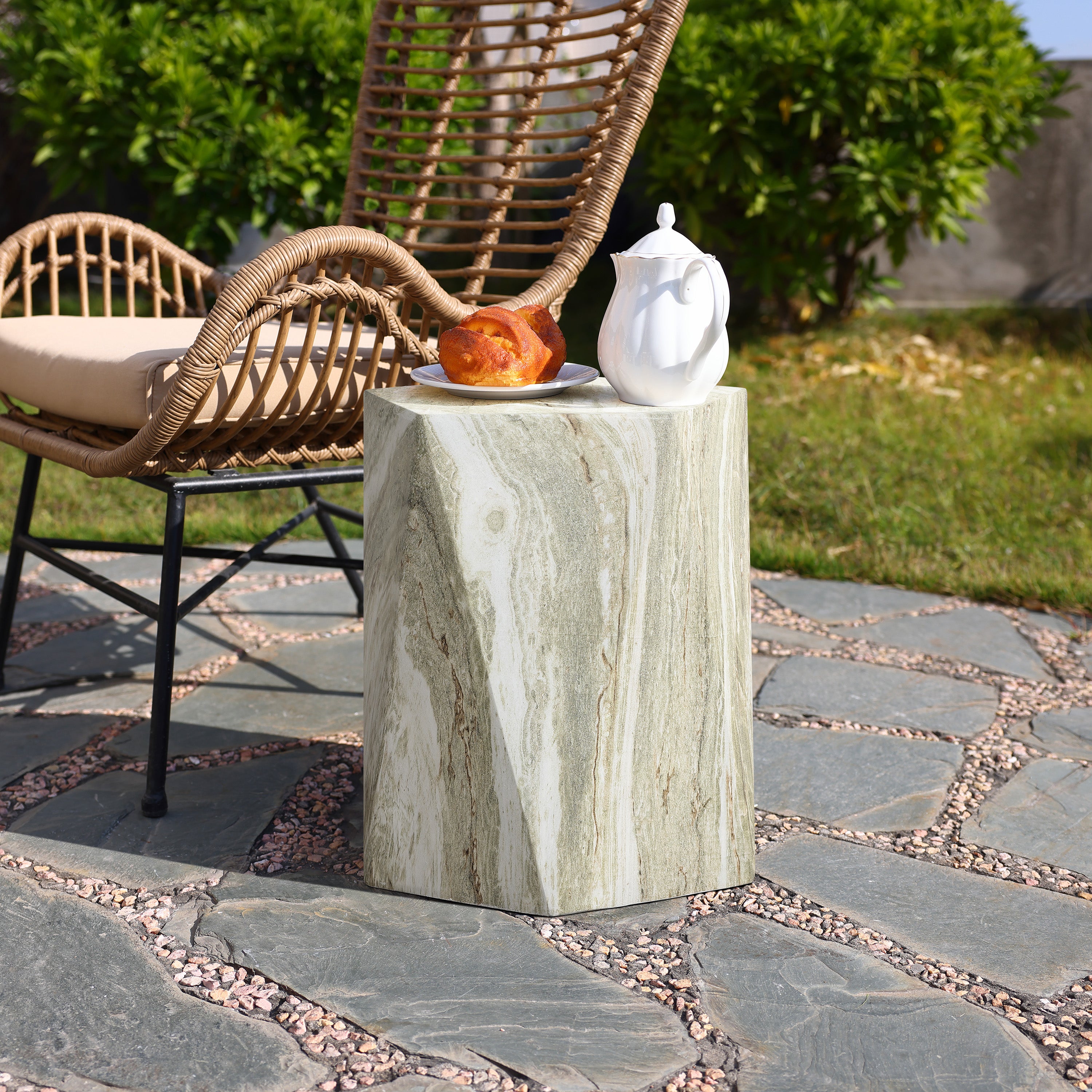 Marbled Green Pentagonal MgO Patio Side Table, 18.4"