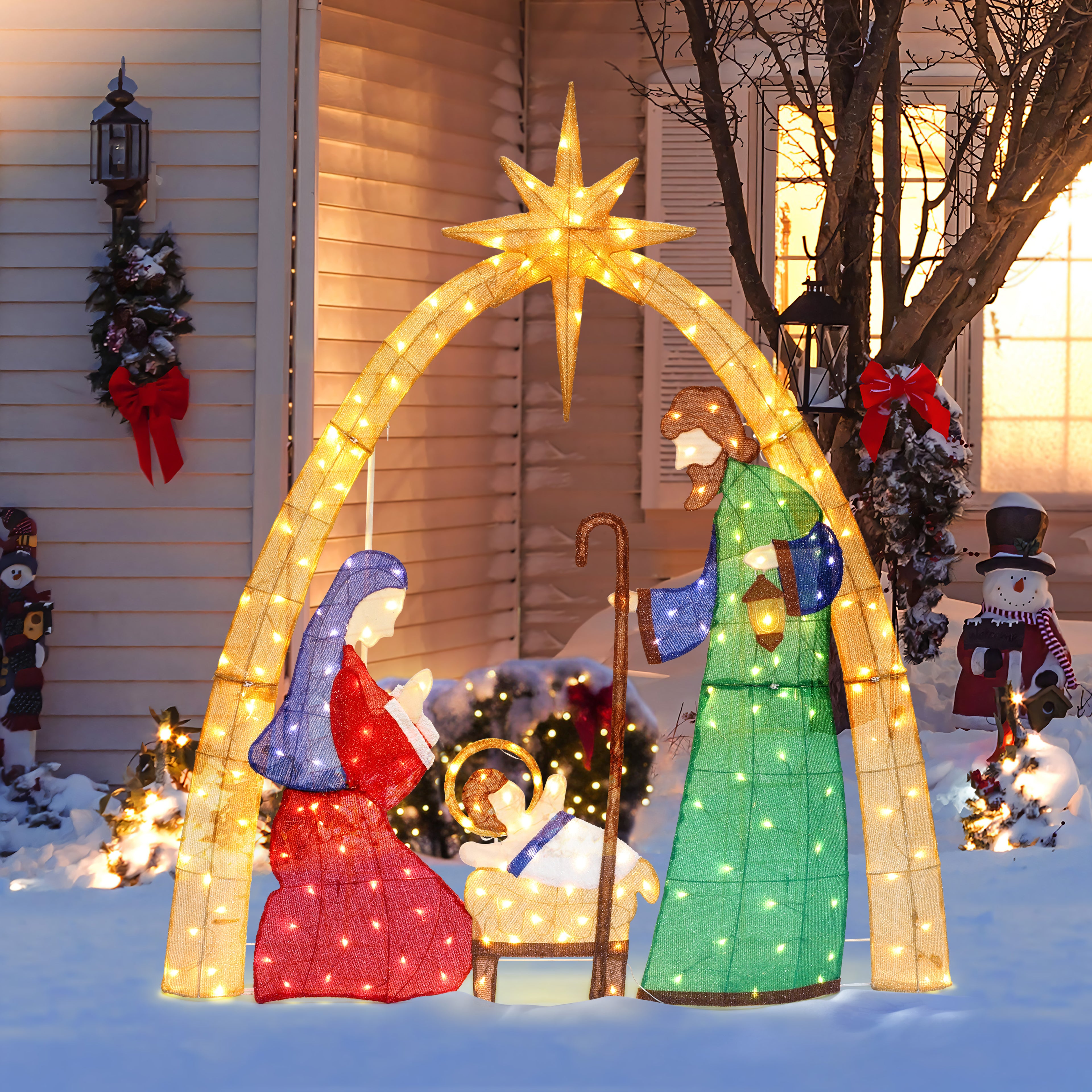 4.75Ft x 5.9Ft Multi-Color Nativity Scene Outdoor Holiday Decoration with Lights