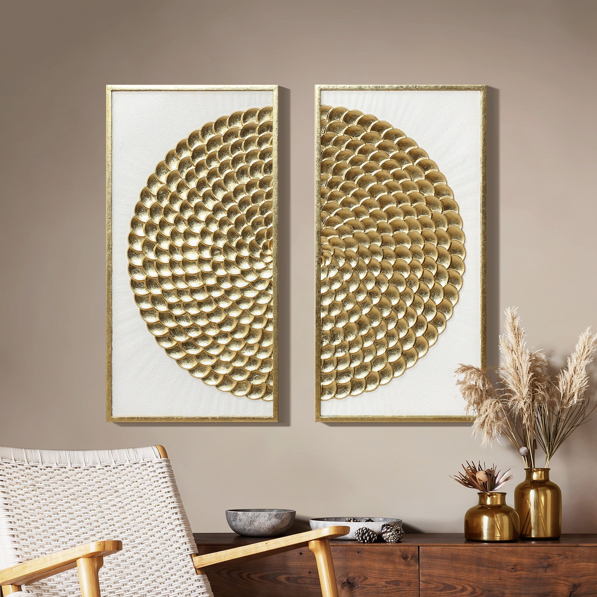 2-Piece White & Distressed Gold Metal Wall Art Set, Modern Rustic Home Decor
