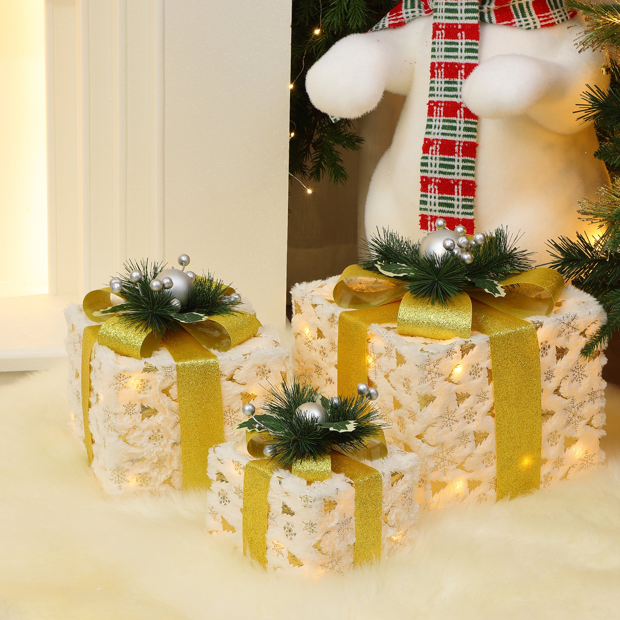3-Pc Lighted White Snowflake Fabric Gift Box Set Outdoor Holiday Decoration