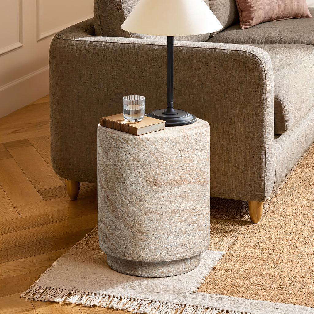 Travertine Style Round MgO Patio Side Table, 18.3"