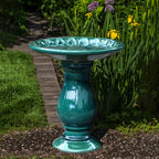 Dark Green Flower Ceramic Pedestal Birdbath, 21.65"
