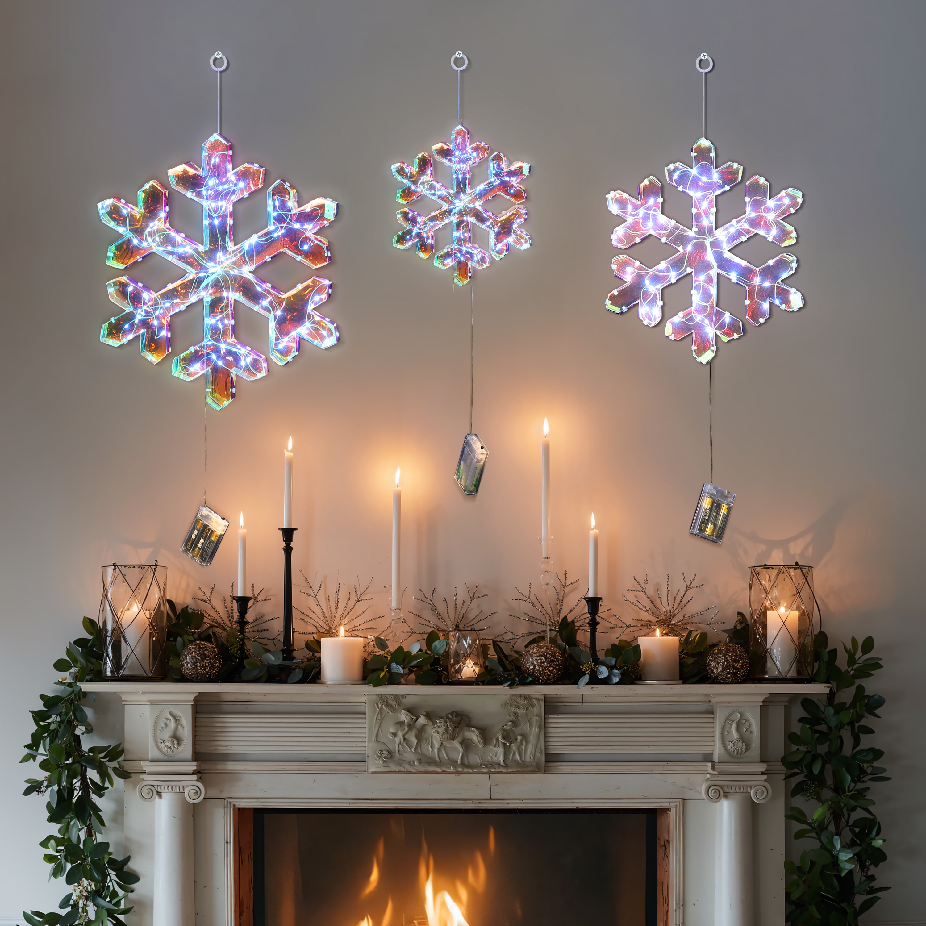 3-Piece Snowflake Holiday Decoration Set with Battery-Operated Lights