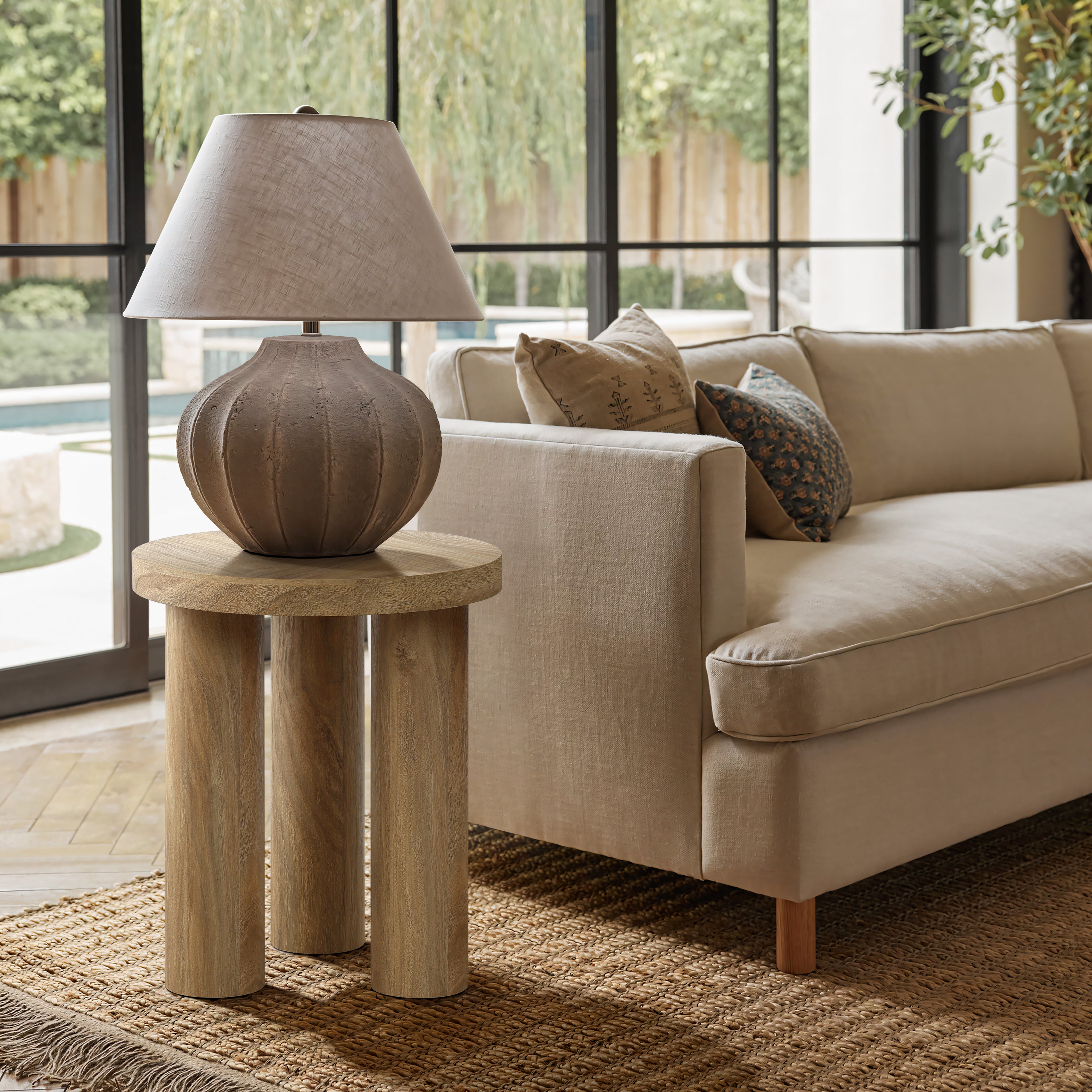 Oak Finish Manufactured Wood Round Side Table with 3 Pillar Legs