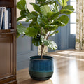 Blue Green Ombre Round Decorative Ceramic Garden Bowl, 12"
