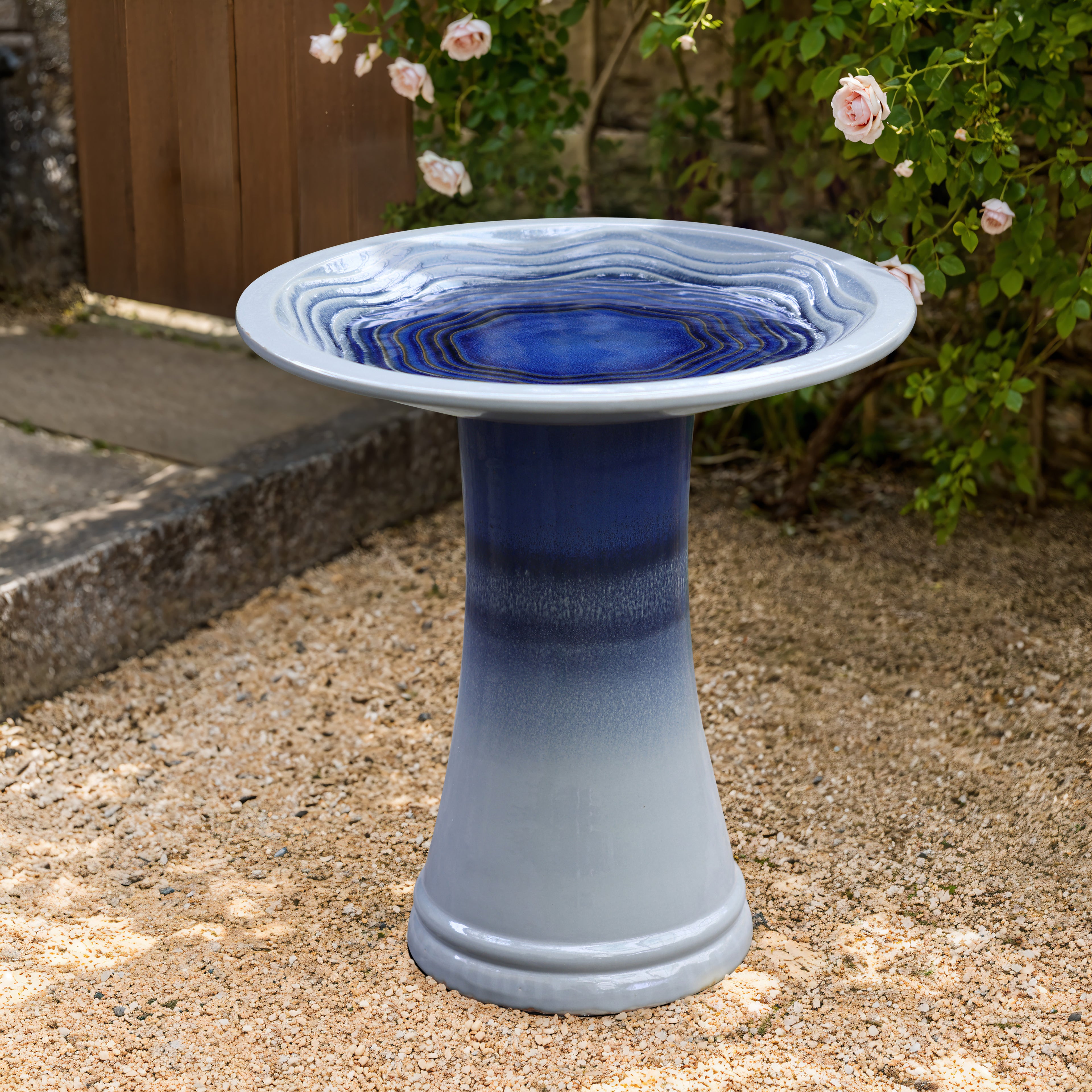 Dark Blue Waves Glazed Ceramic Pedestal Birdbath, 18"
