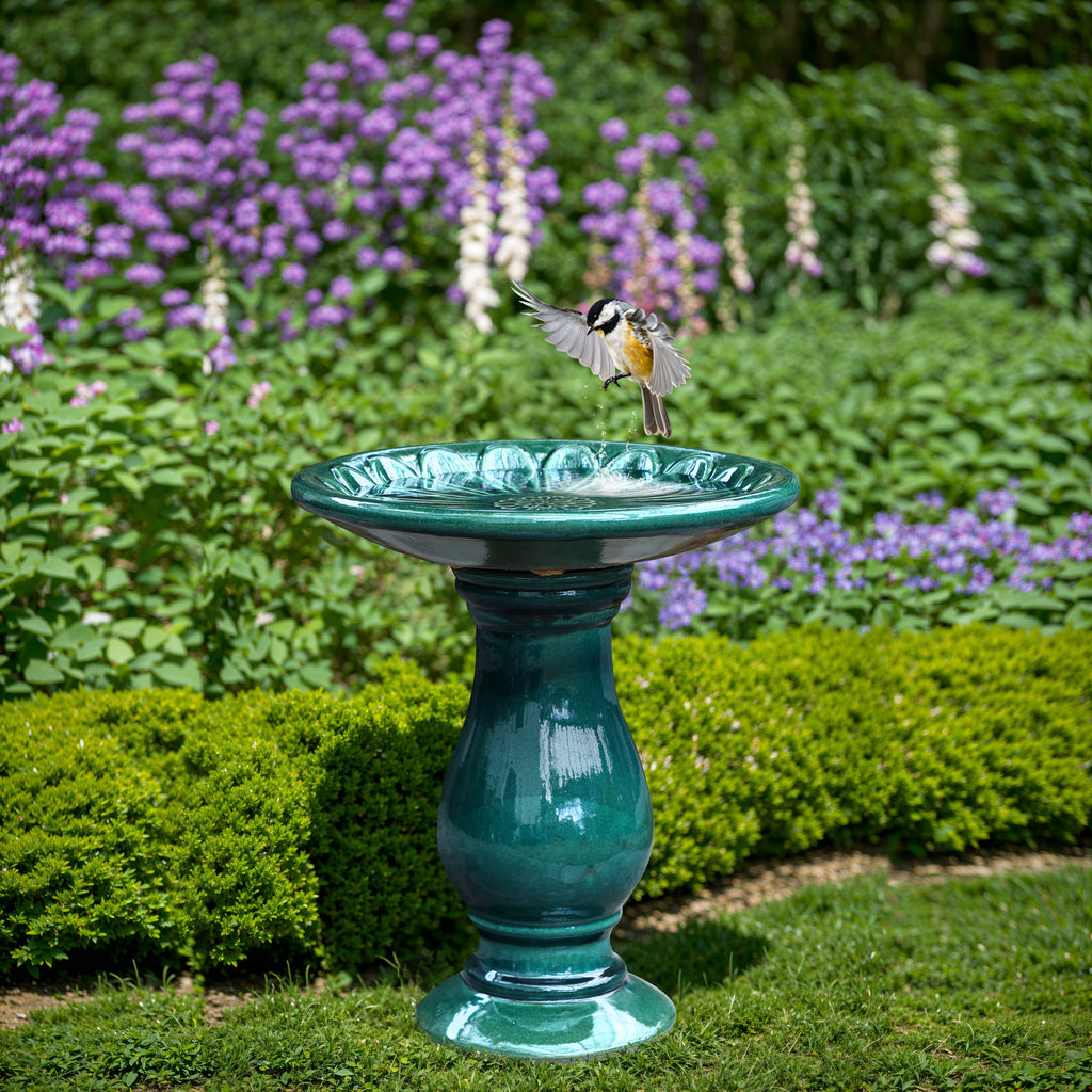Dark Green Flower Ceramic Pedestal Birdbath, 21.65"
