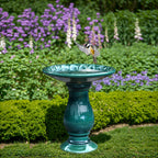 Dark Green Flower Ceramic Pedestal Birdbath, 21.65"