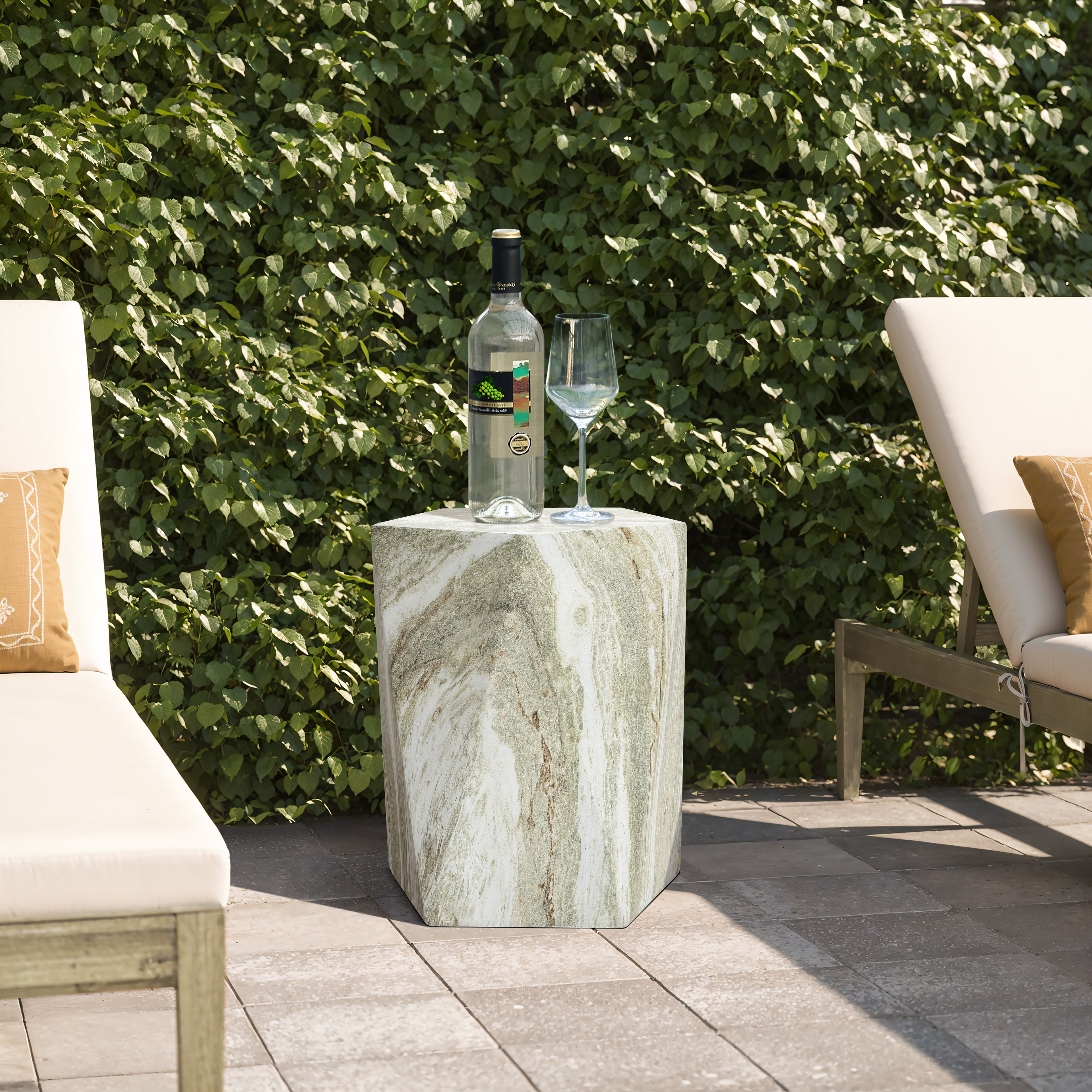 Marbled Green Pentagonal MgO Patio Side Table, 18.4"