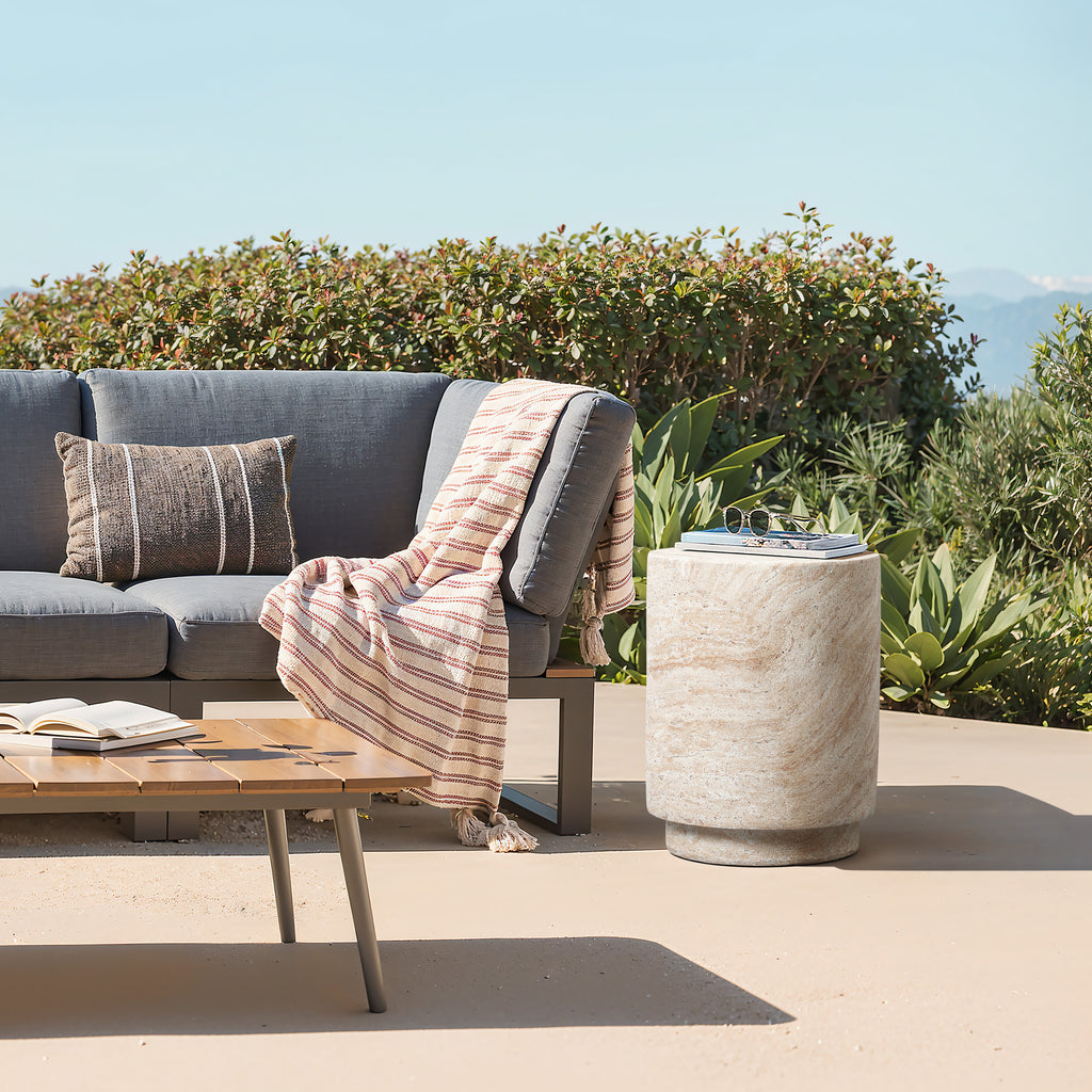 Travertine Style Round MgO Patio Side Table, 18.3"