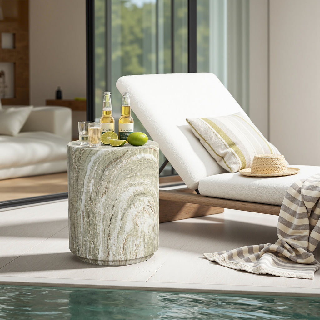 Marbled Green and White MgO Patio Side Table, 17.9"