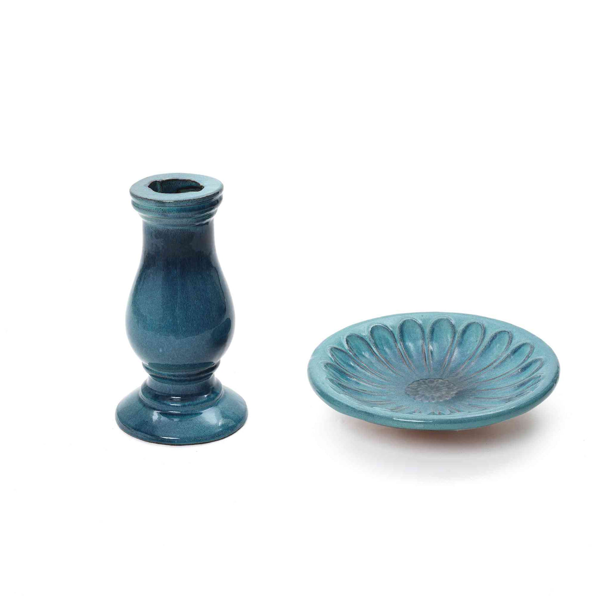 Lotus Ceramic Garden Bird Bath, Blue-Green, 22"