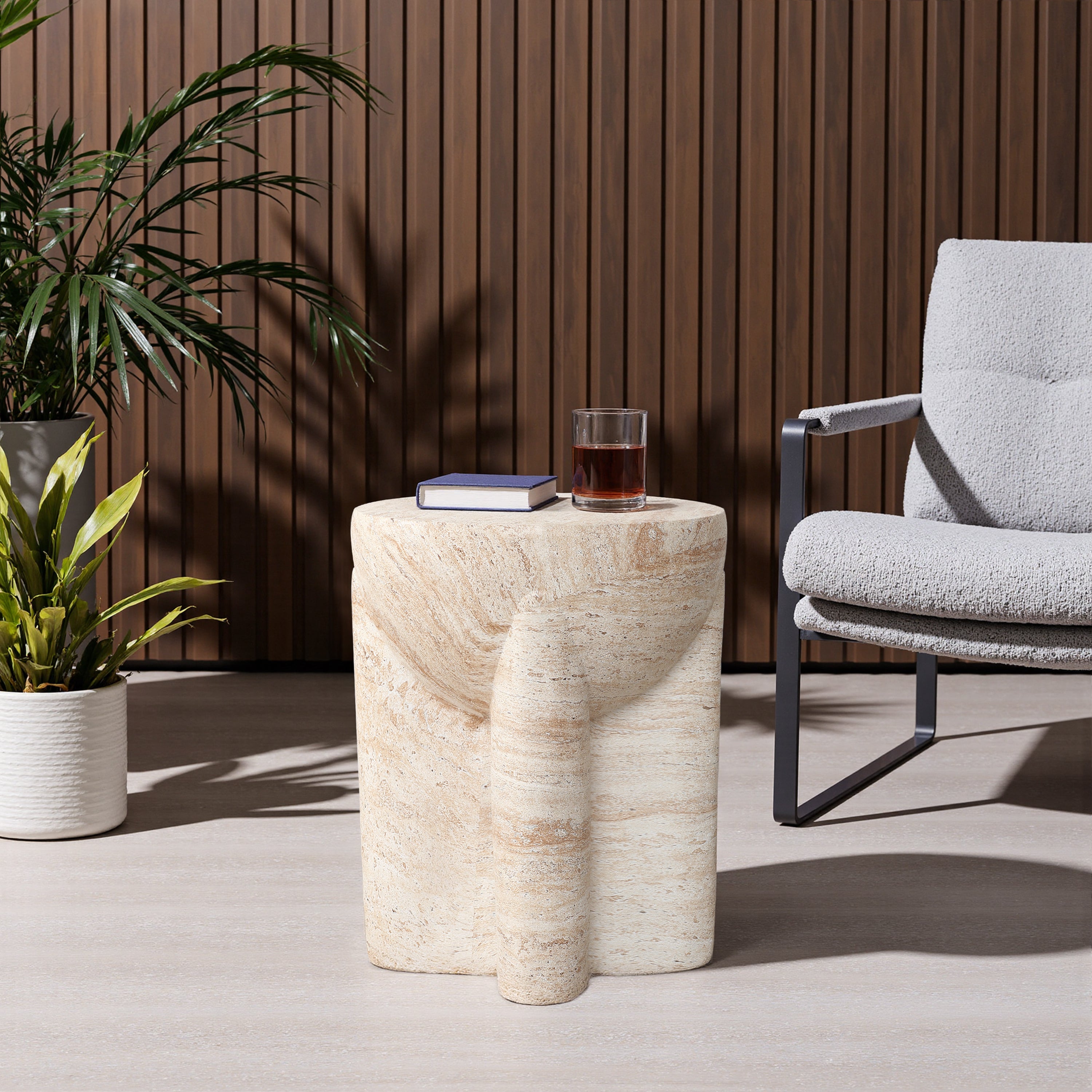 Marbled Brown Round MgO Pedestal Side Table, 18.3"