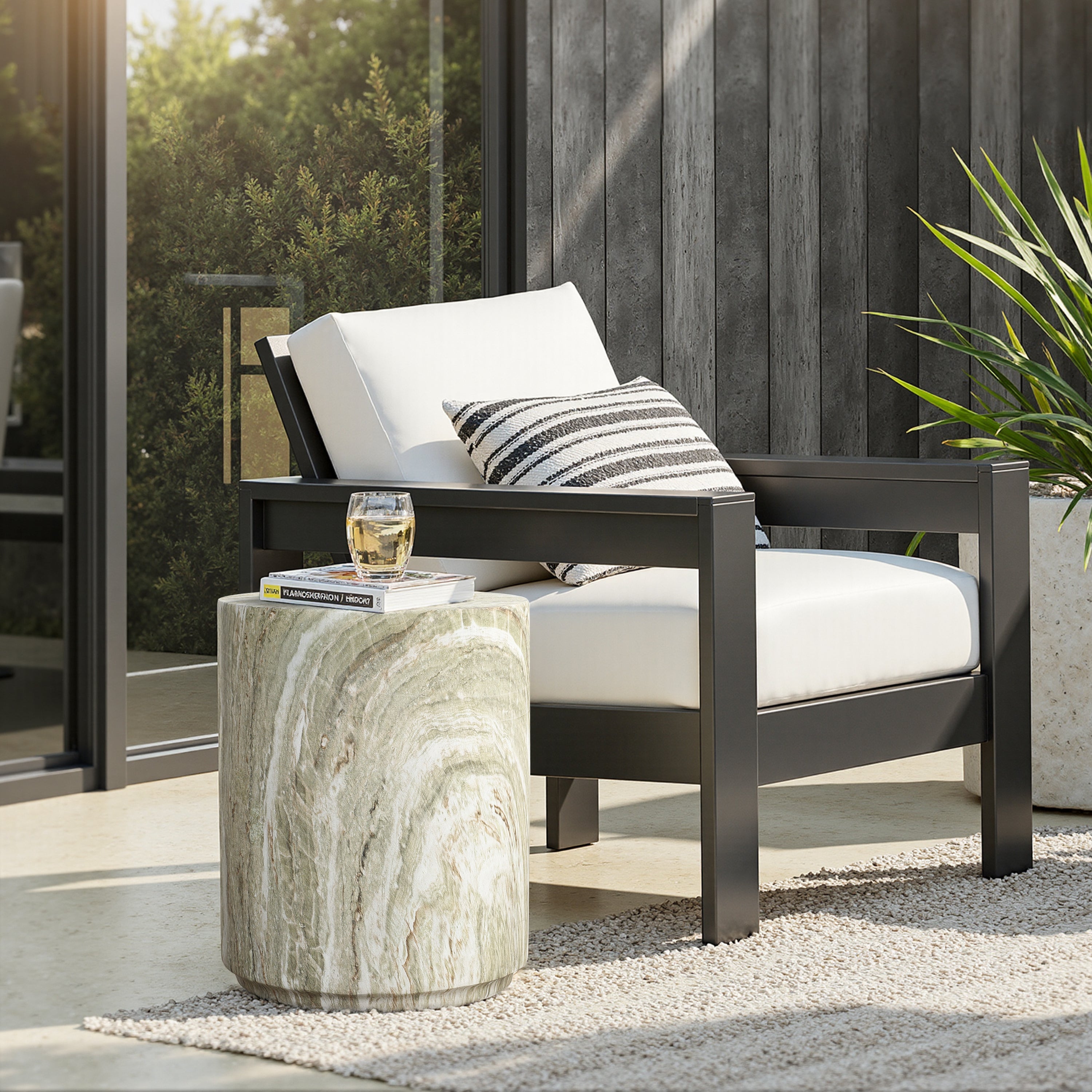 Marbled Green and White MgO Patio Side Table, 17.9"
