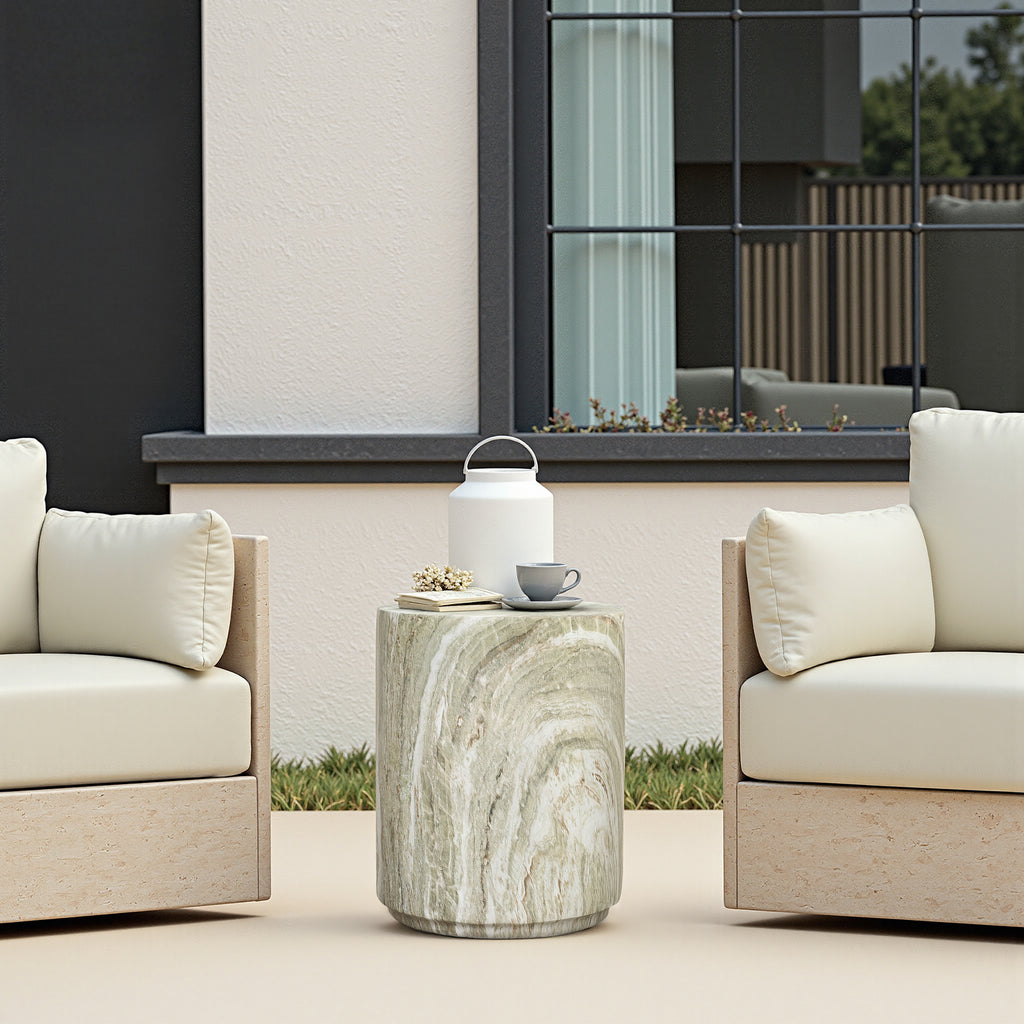 Marbled Green and White MgO Patio Side Table, 17.9"