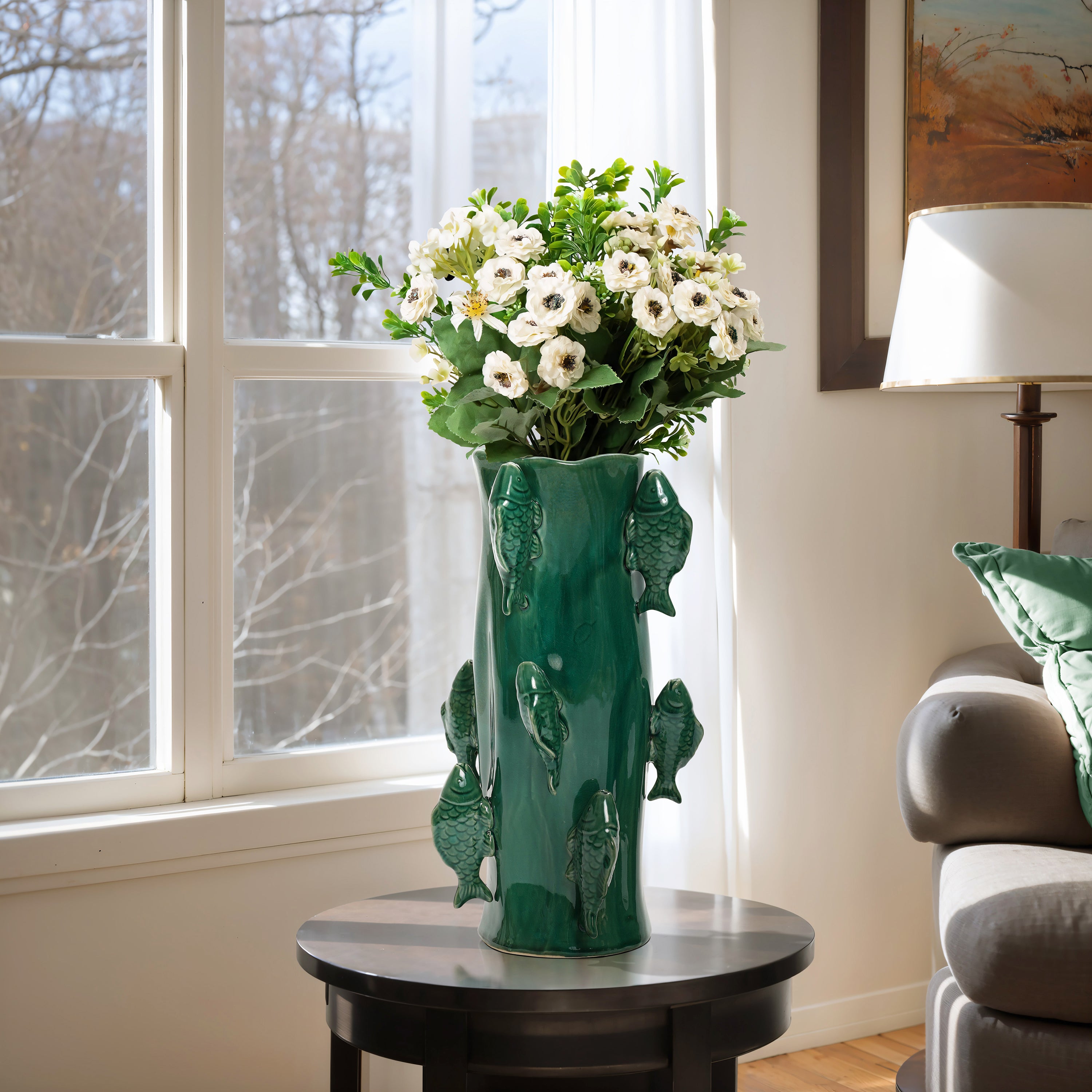 Marine Green Ceramic Fish 15.6-Inch Tall Vase