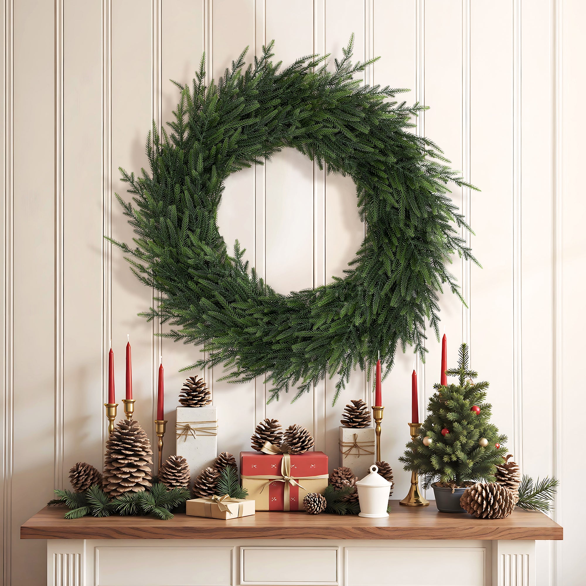 35-Inch Round Artificial Green Wreath Holiday Mantle and Door Decoration