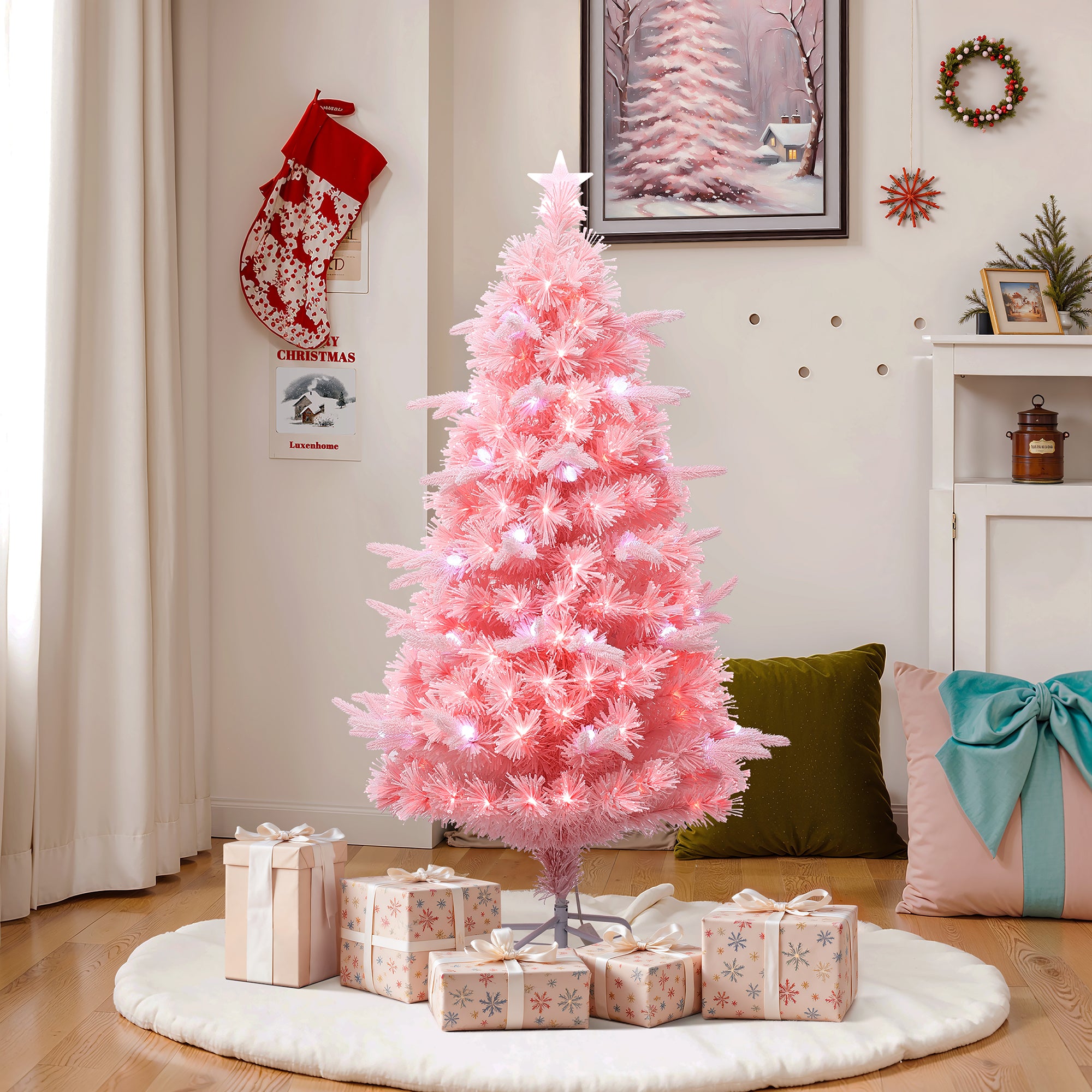 5Ft Pre-Lit Cherry Blossom Artificial Tree w/ Fiber Optic Lights & Pinecone Top