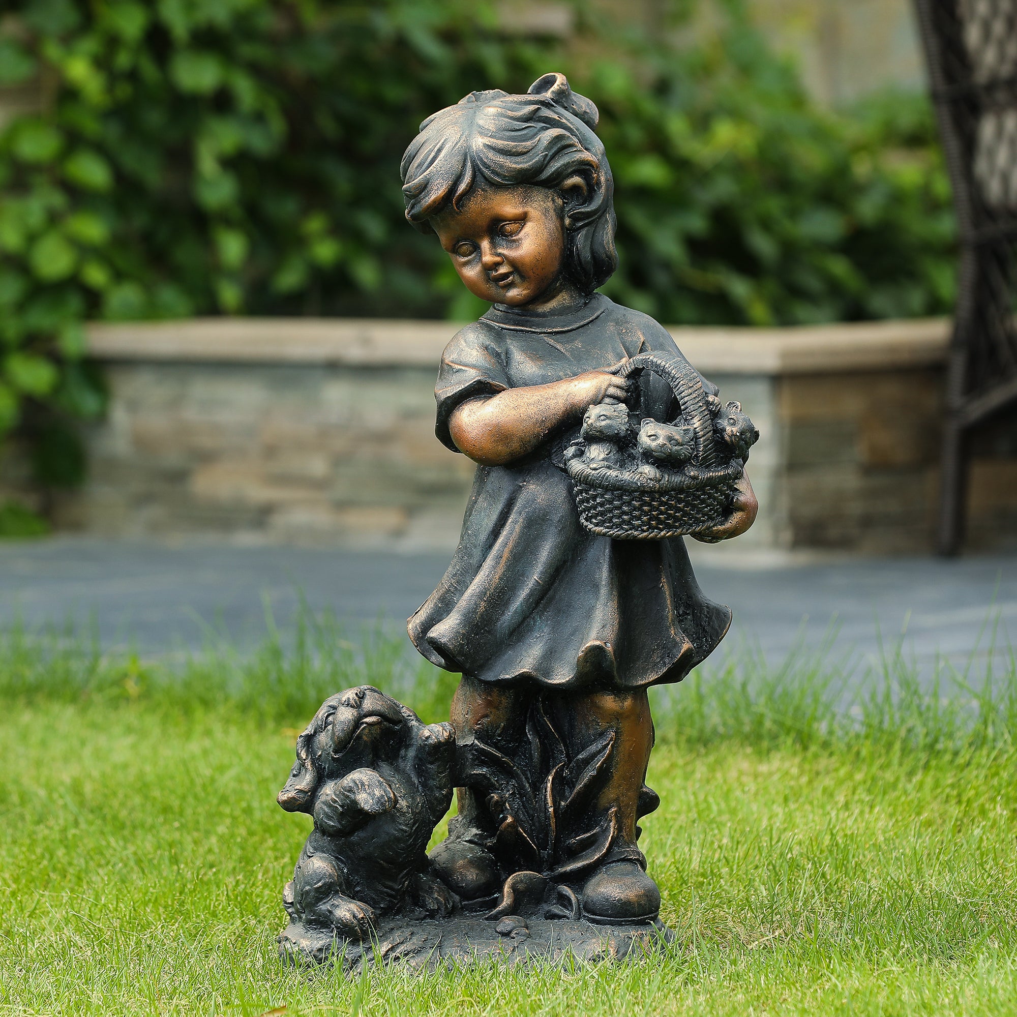 Girl and Bunny MgO Outdoor Decorative Garden Statue, 21.9"