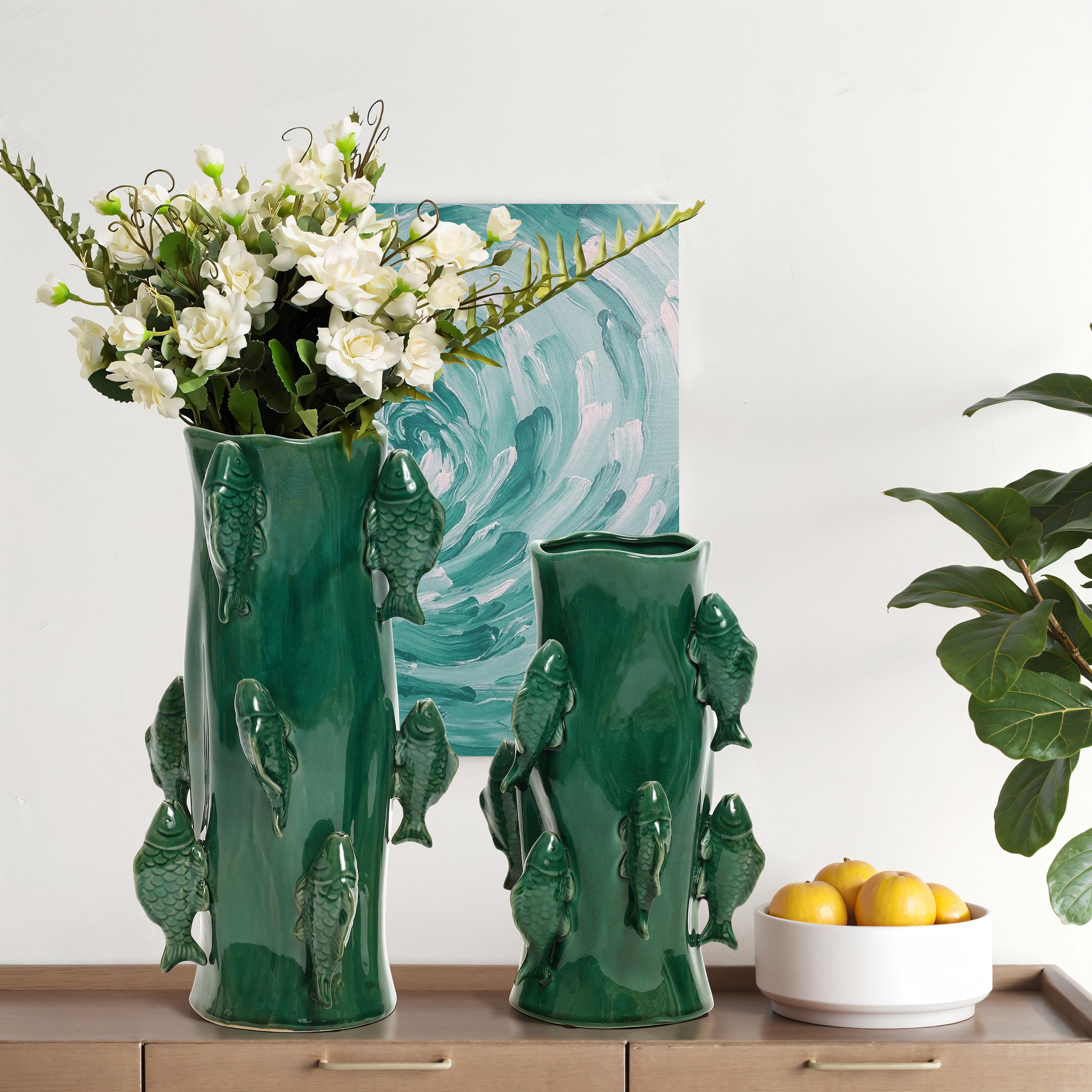 Marine Green Ceramic Fish 12.2-Inch Tall Vase