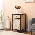 Black Metal Frame and Carved Wood 1-Door 1-Drawer End Table with Storage