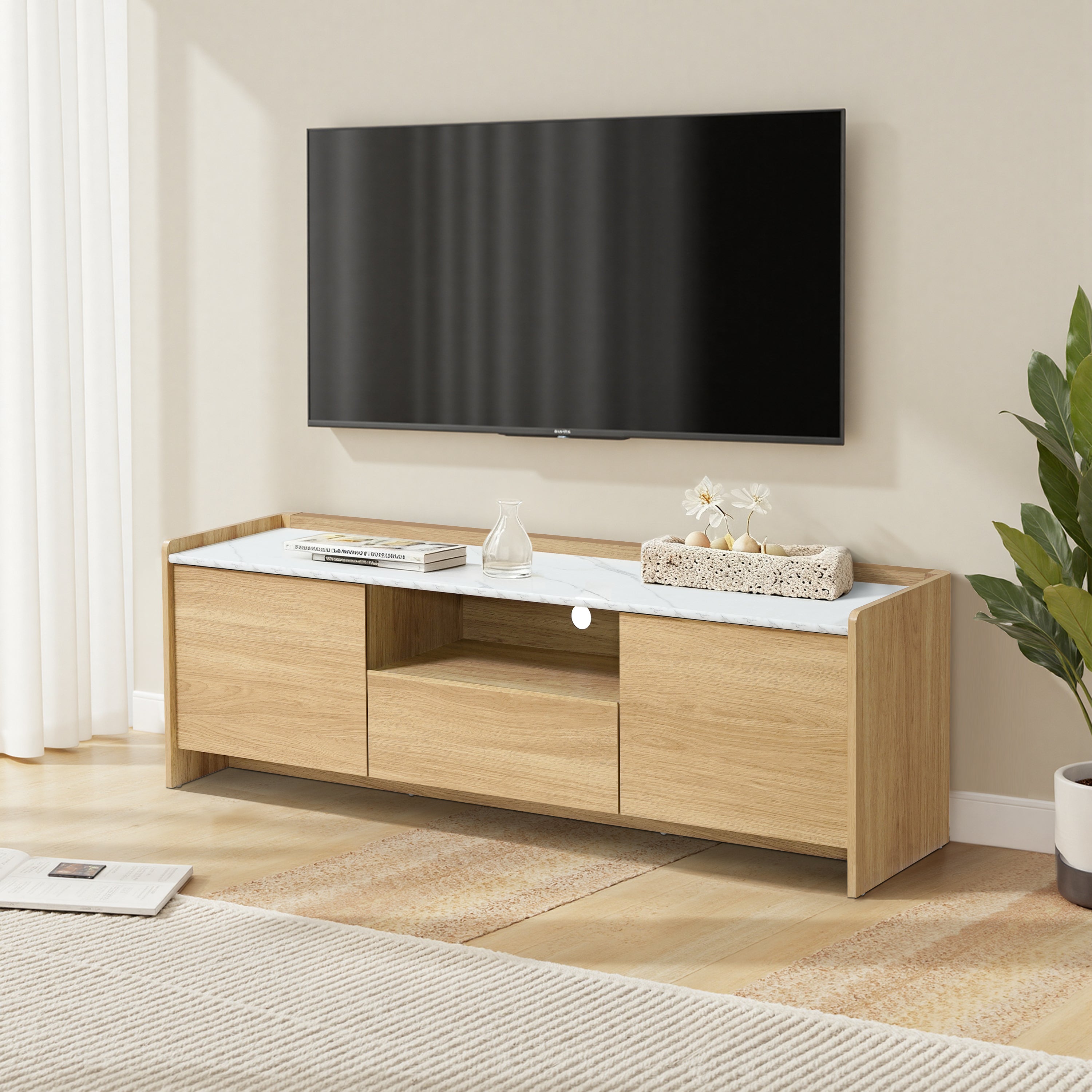 Hazel Oak 62.5” Wide TV Media Console with Faux Marble Top, Manufactured Wood