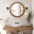 Natural Wood Frame Round Wall Mirror, 28” Rustic Wooden Decor