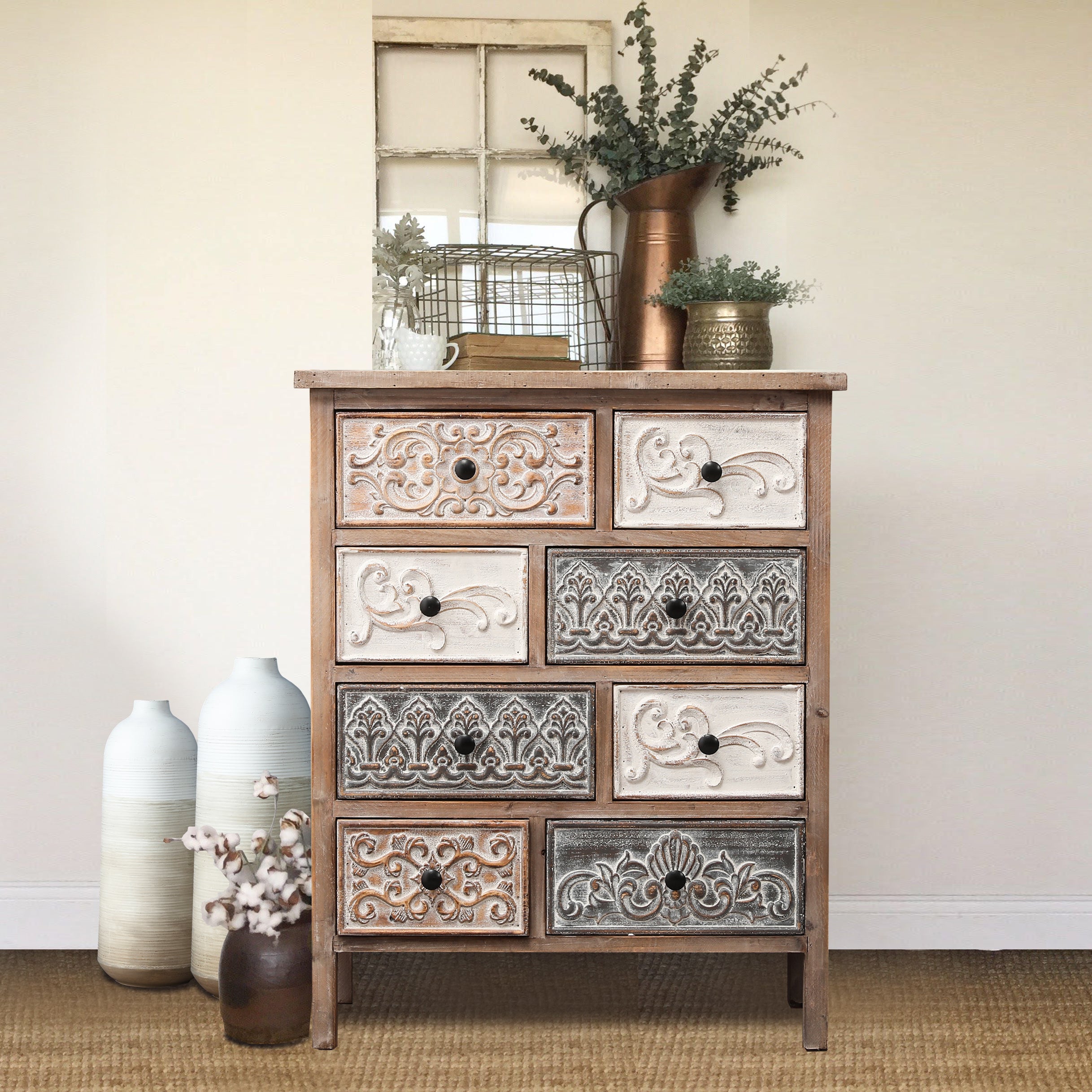 8-Drawer 32" H x 25.8" W Rustic Carved Wood Accent Chest