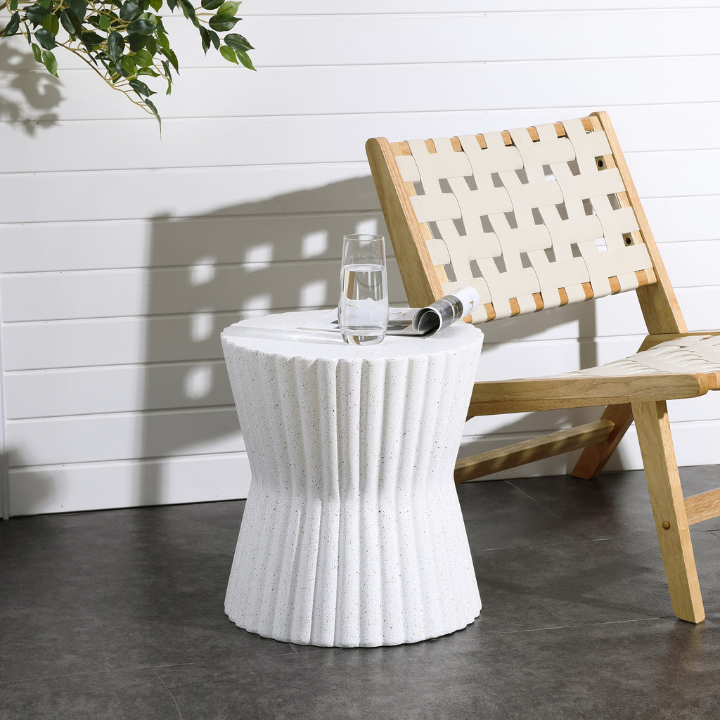 Rustic Off White Round MgO Patio Side Table, 20"