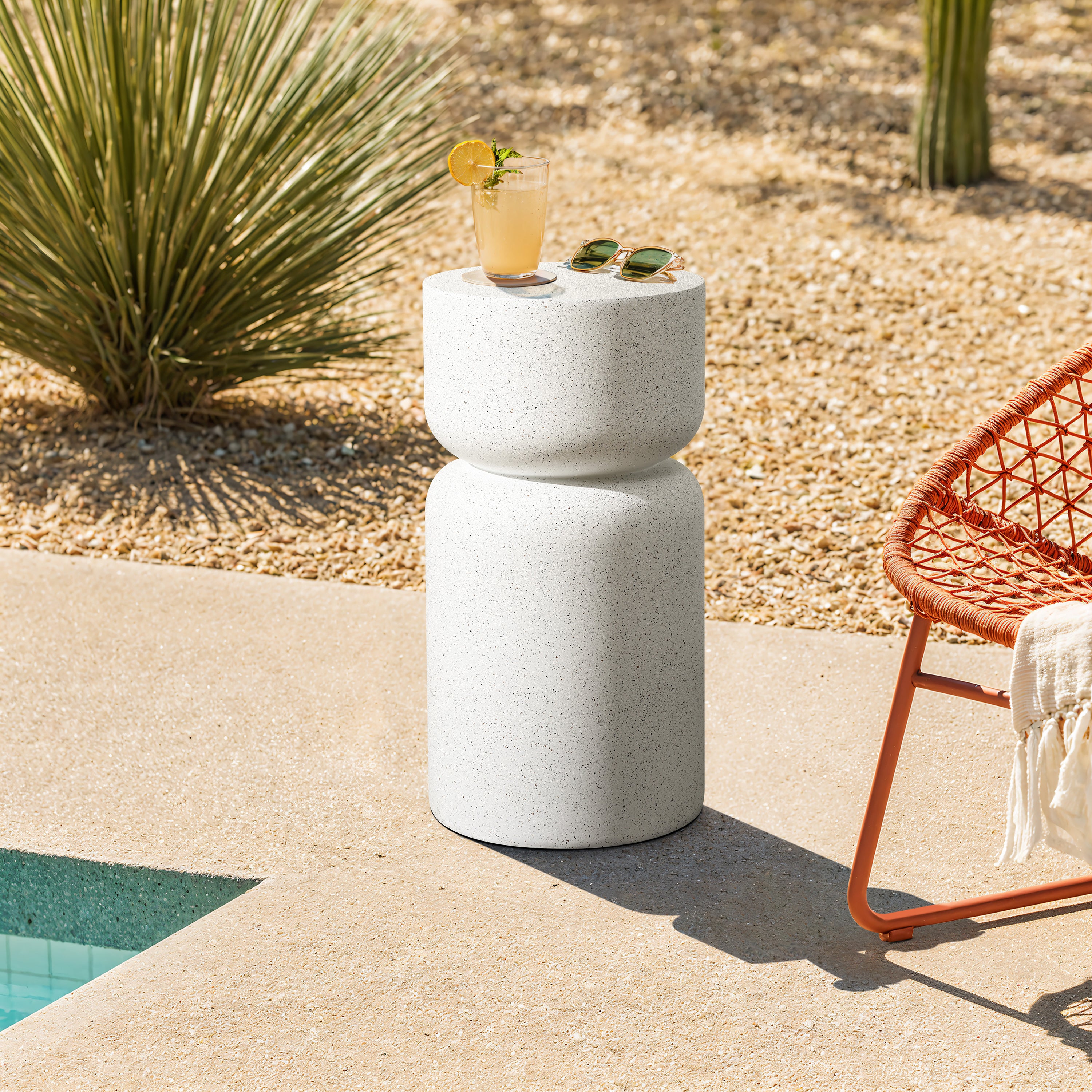 Rustic Off White Round MgO Patio Coffee Table, 16"