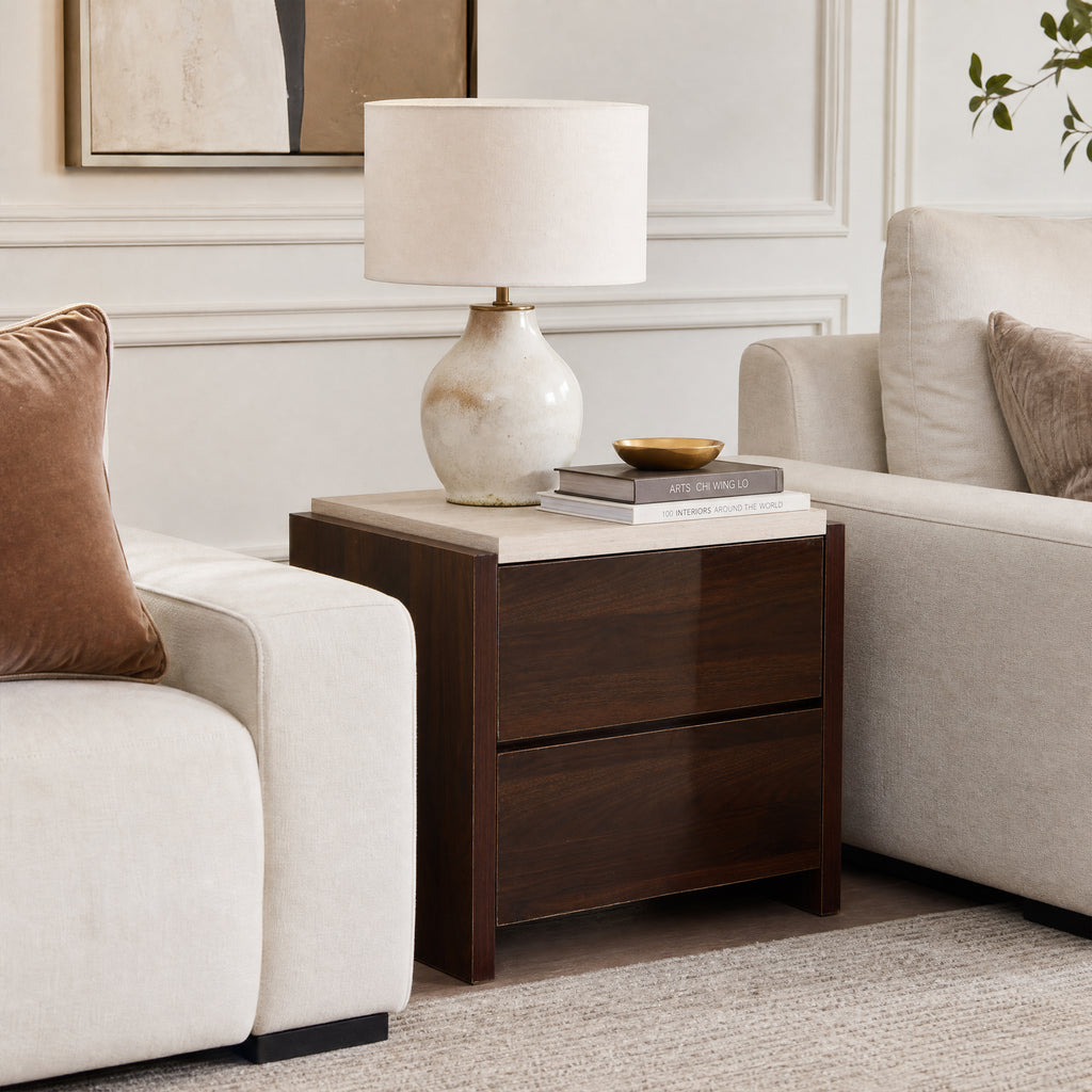Travertine-Effect Walnut Side Table 2-Drawer