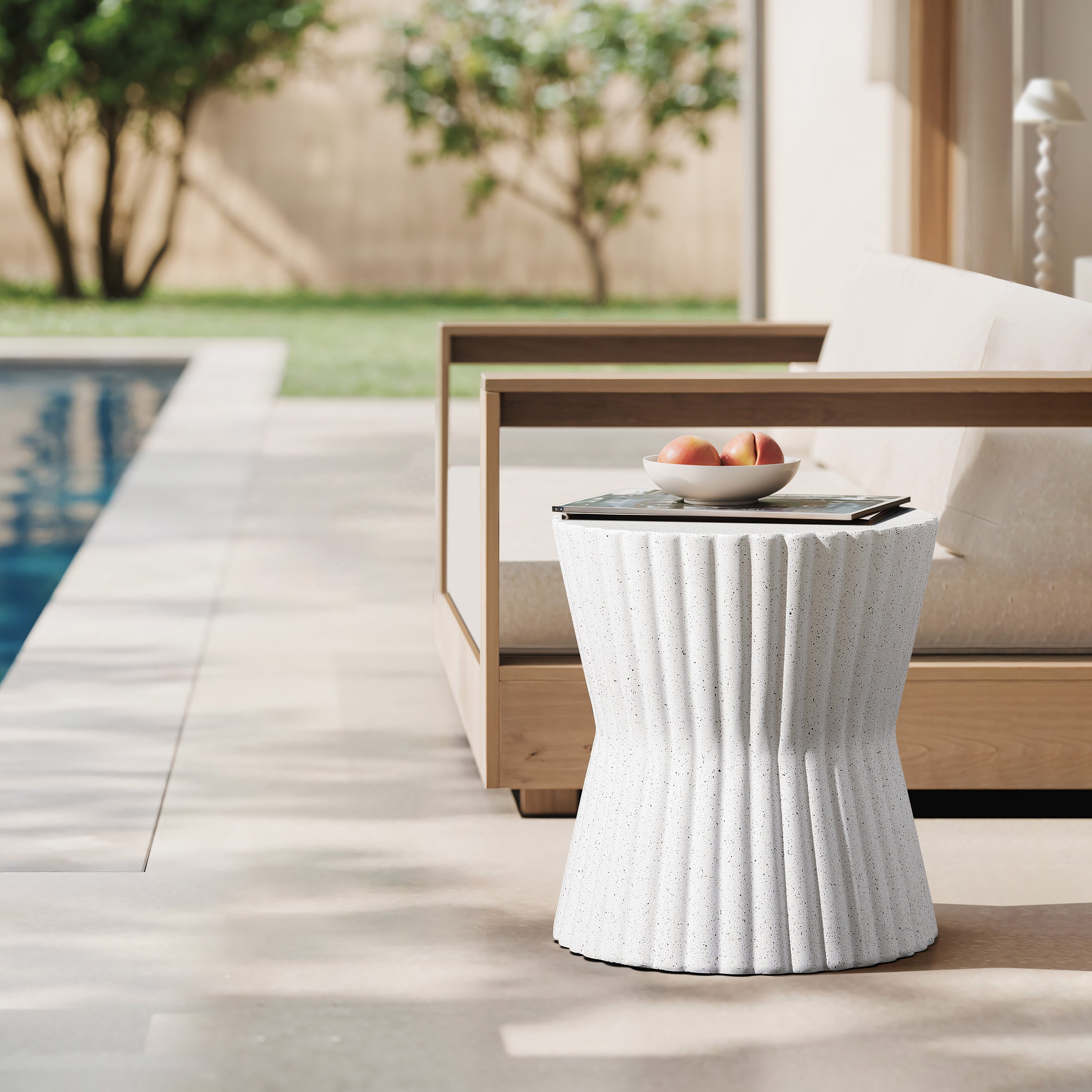 Rustic Off White Round MgO Patio Side Table, 20"