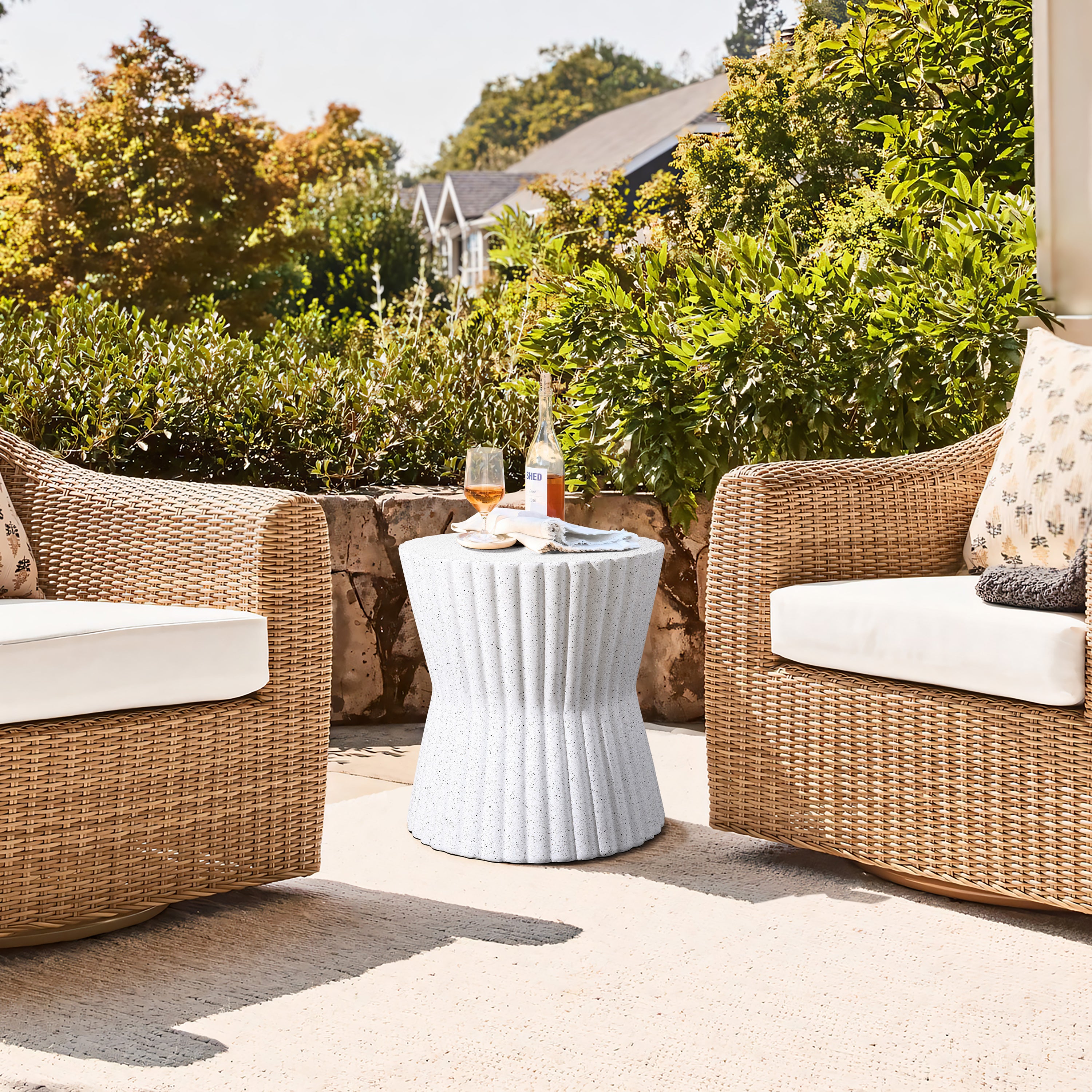 Rustic Off White Round MgO Patio Side Table, 20"