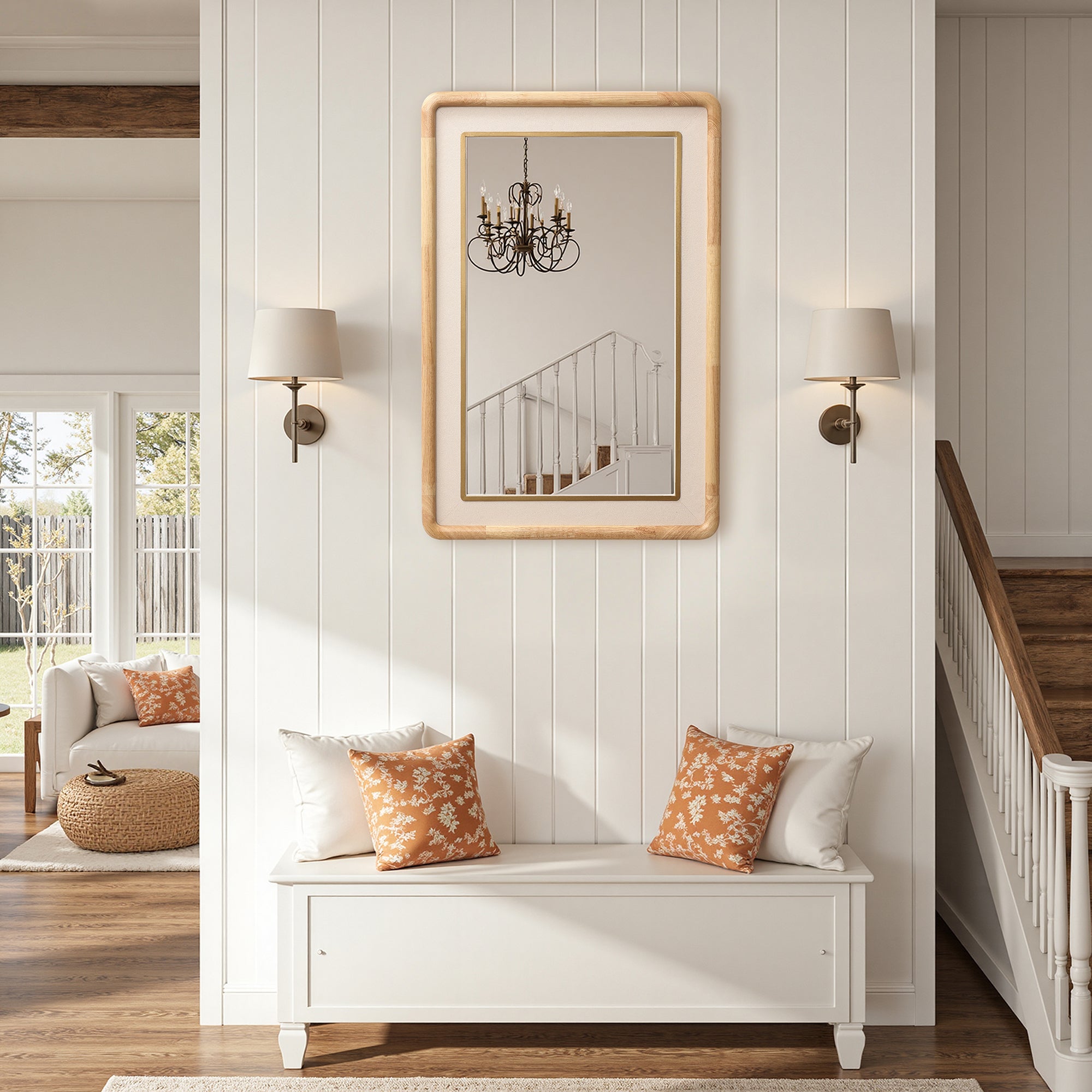 Rounded Rectangle Wall Mirror, 35" Rubber Wood Frame with PU Leather Accent