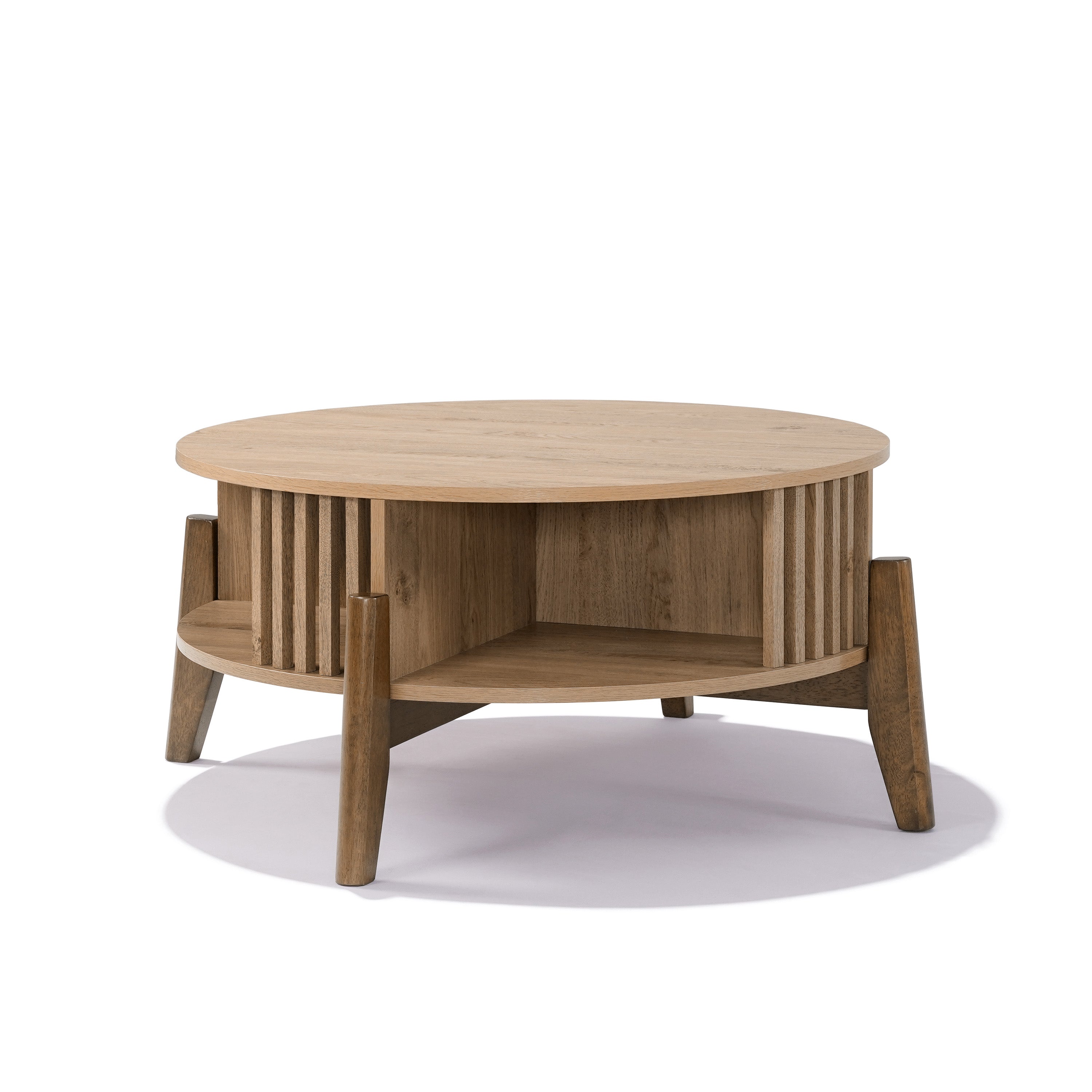 Oak Finish Manufactured Wood 31.5-Inch Round Coffee Table with Rubberwood Legs