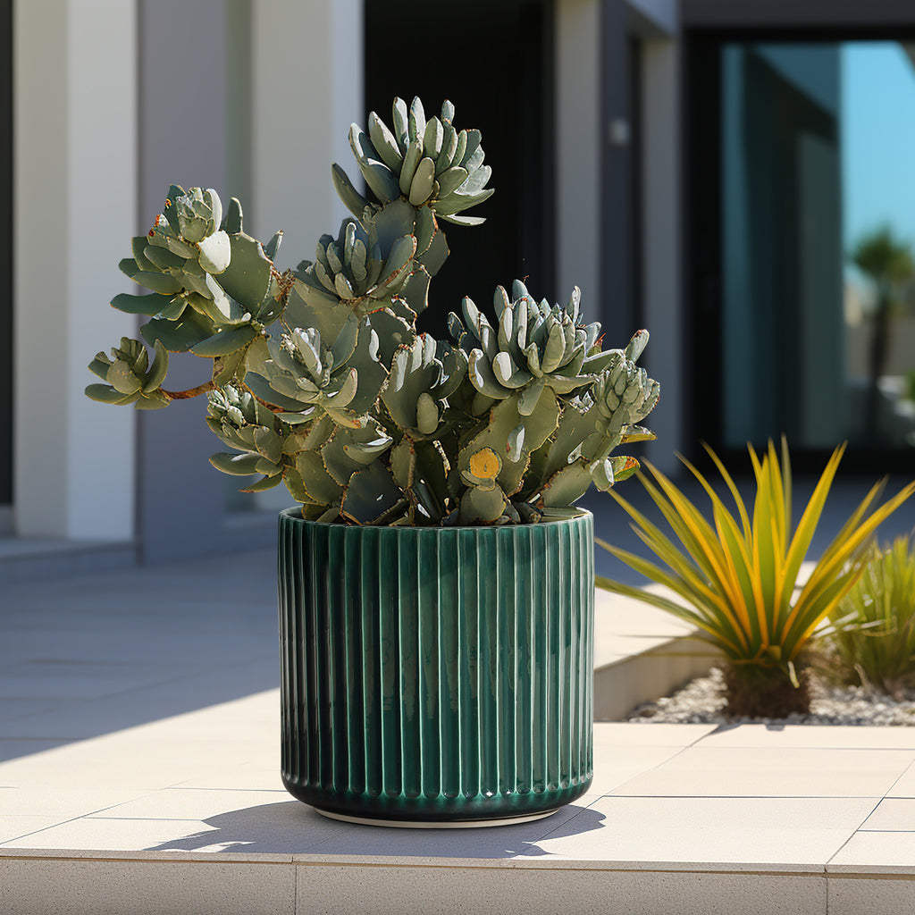 Jade Green Ribbed Ceramic Indoor Outdoor Garden Planter, 13.8"