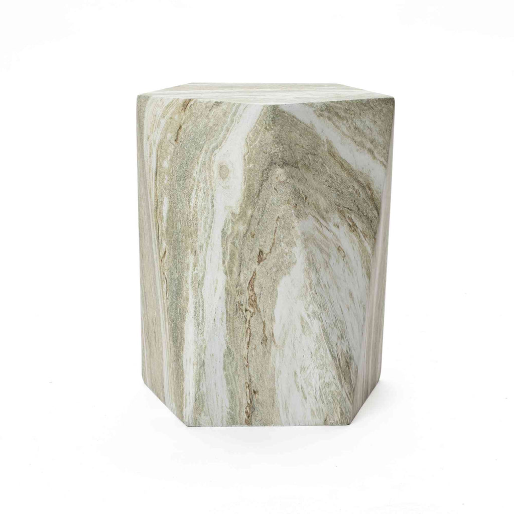 Jasper Pentagonal MgO Side Table, Marbled Green-White