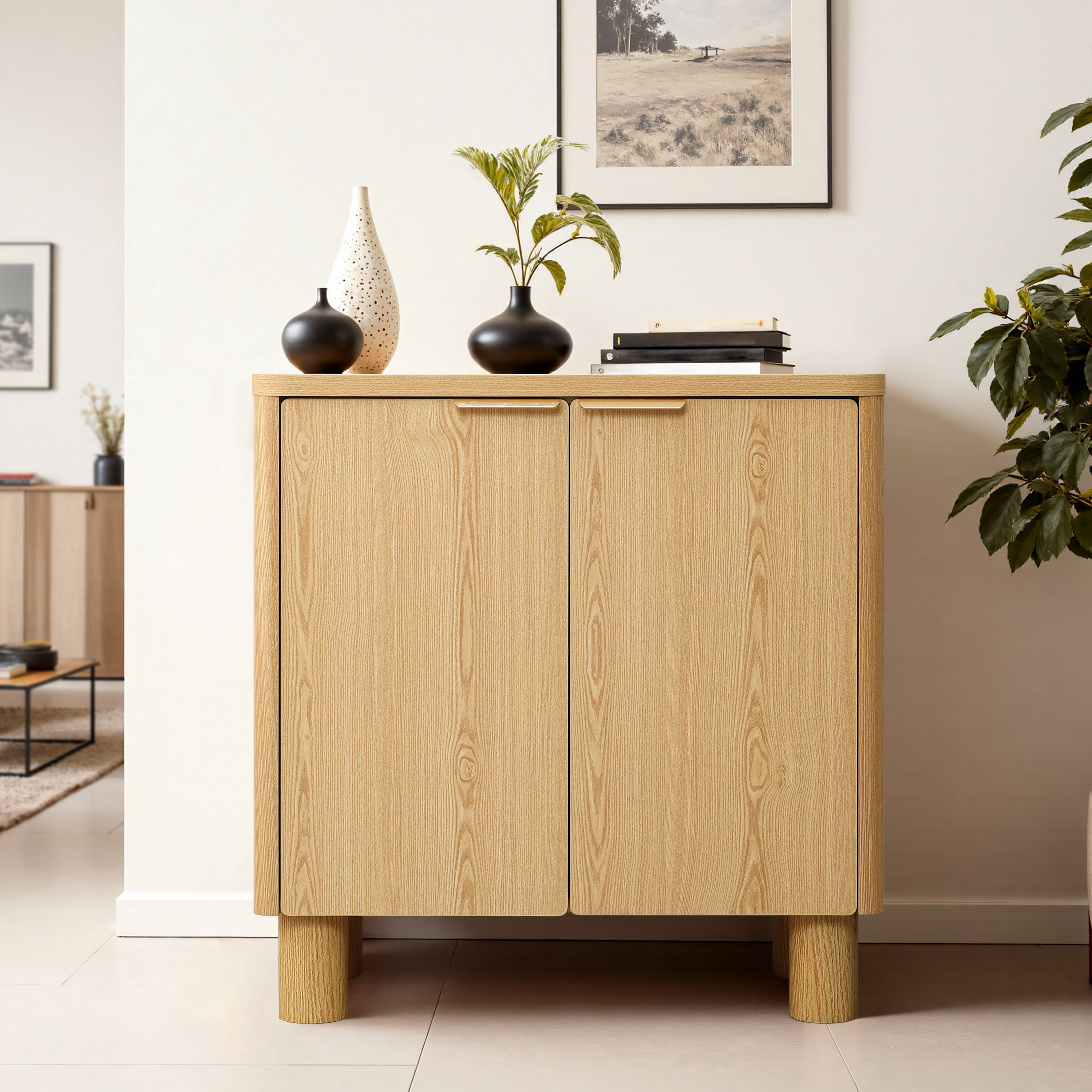 Natural Wood Finish 2-Door Storage Cabinet, Manufactured Wood
