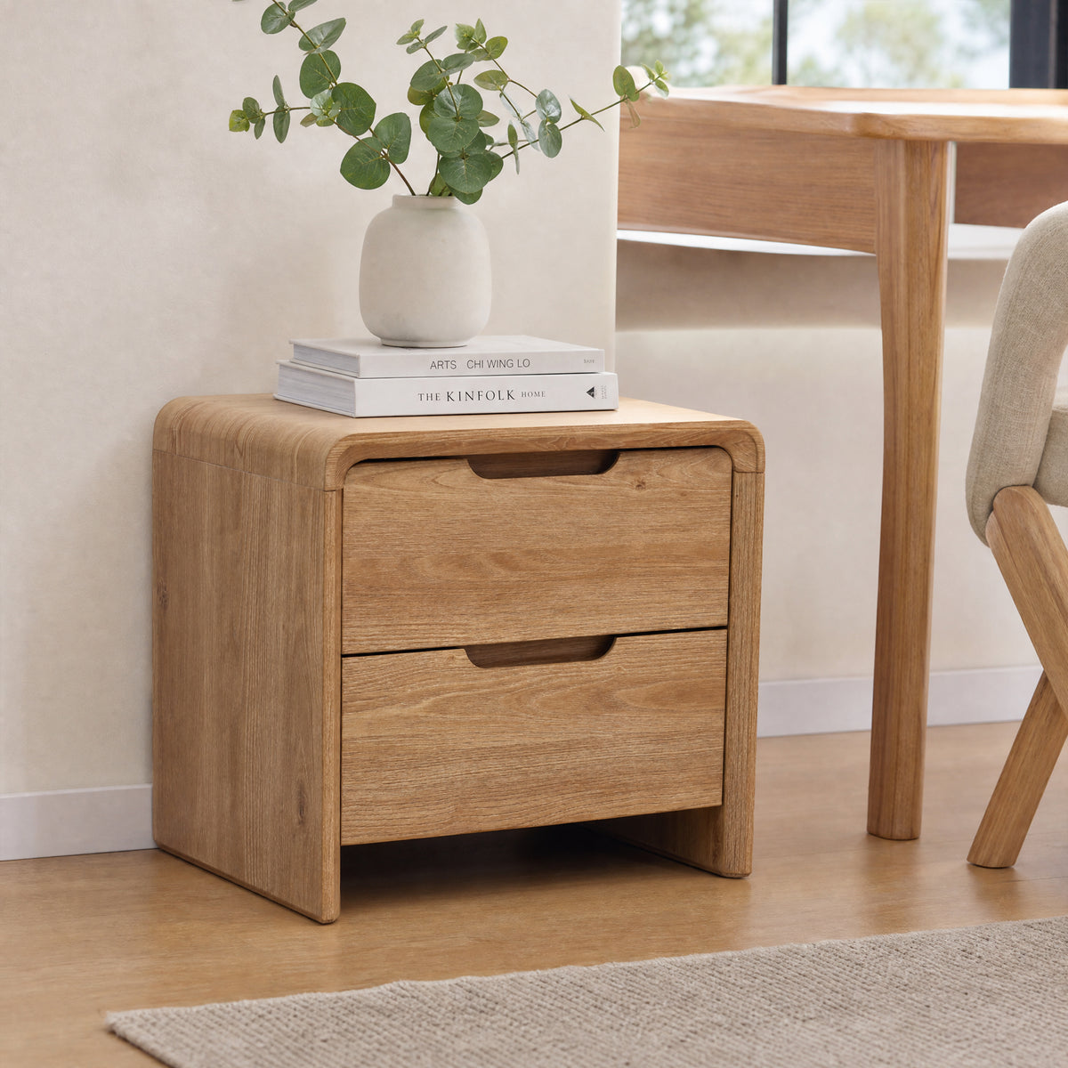 19" 2-Drawer Side Table with Rounded Corners & Wood Grain