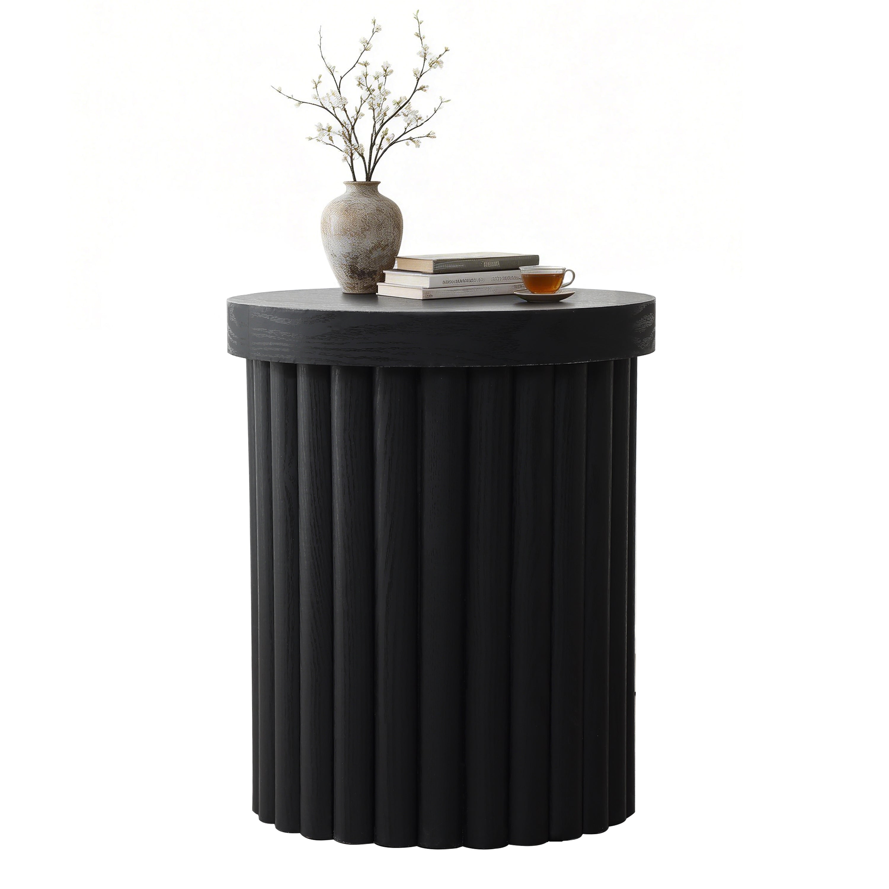 Black Wood Fluted Round Side Table