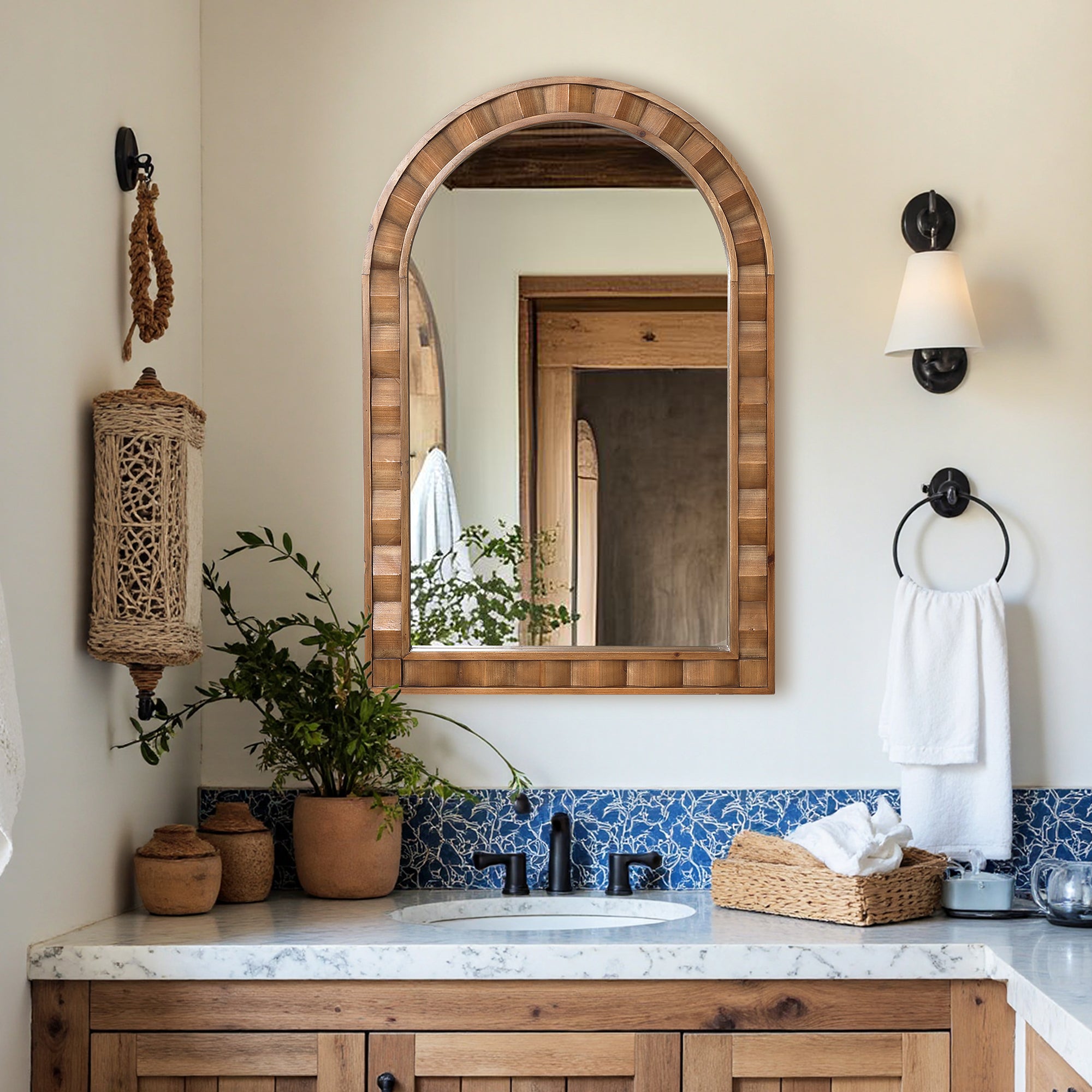 Natural Wood Frame Arch Rectangle Wall Mirror, 35.4” Tall Rustic Home Decor