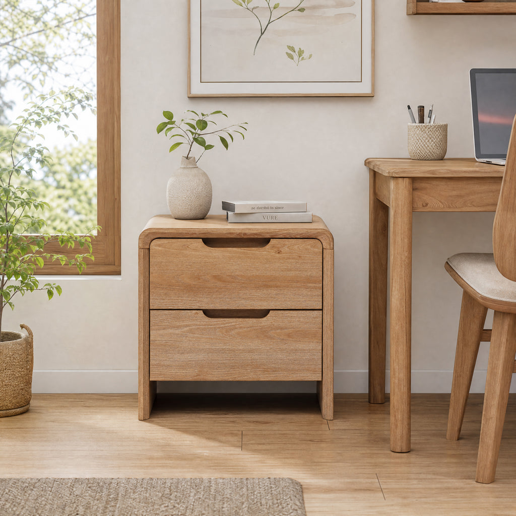19" 2-Drawer Side Table with Rounded Corners & Wood Grain